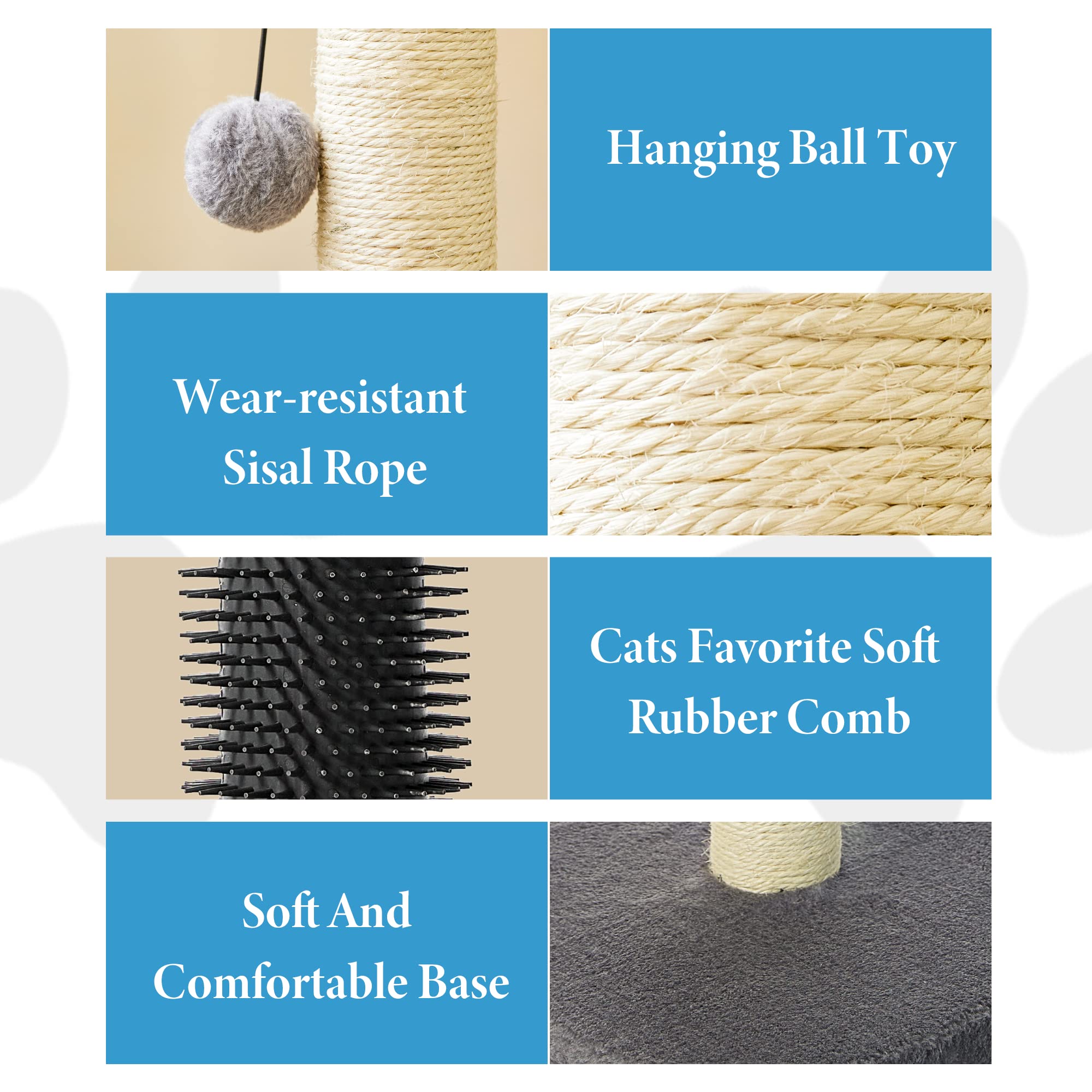 MeowHomm 32  Cat Scratching Post with Self Groomer Cat Brush, Sisal Rope Tall Cat Scratching Post with Soft Hanging Ball for Ind