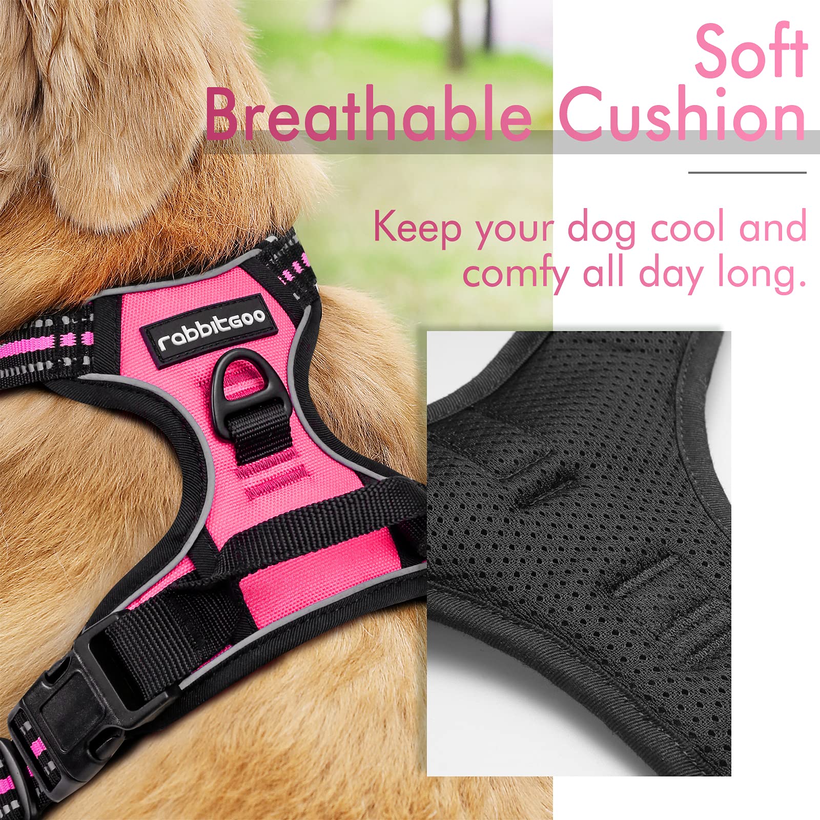 Rabbitgoo Dog Harness, No-Pull Pet Harness With 2 Leash Clips, Adjustable Soft Padded Dog Vest, Reflective No-Choke Pet Oxford Vest With Easy Control Handle For Large Dogs, Hot Pink, Xl