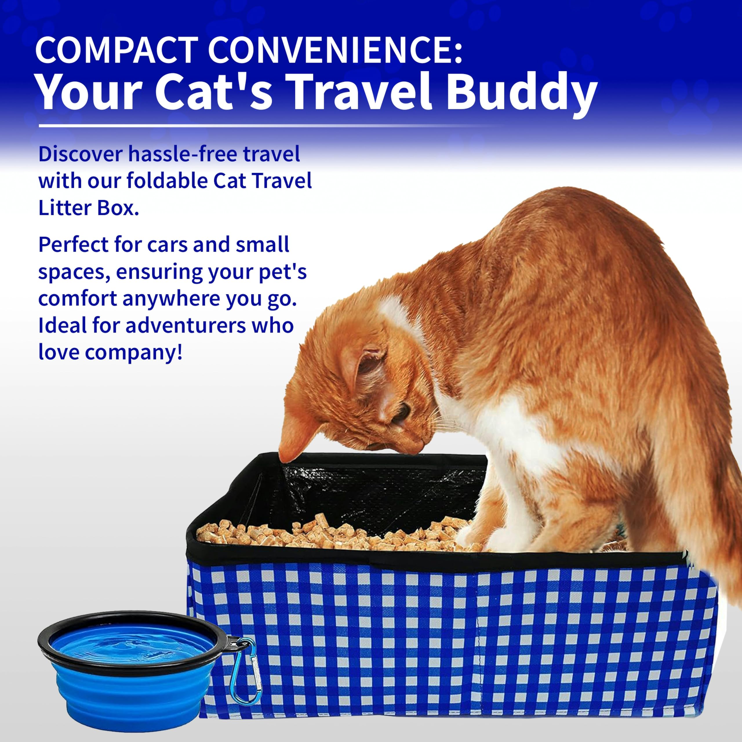 Pet Fit For Life - Vibrant Collapsible Travel Cat Litter Box - Portable, Foldable, Compact Design With Bonus Water Bowl - Ideal For Car & Camping - Reusable, Cats Safe - Blue, (16'X12'X5')