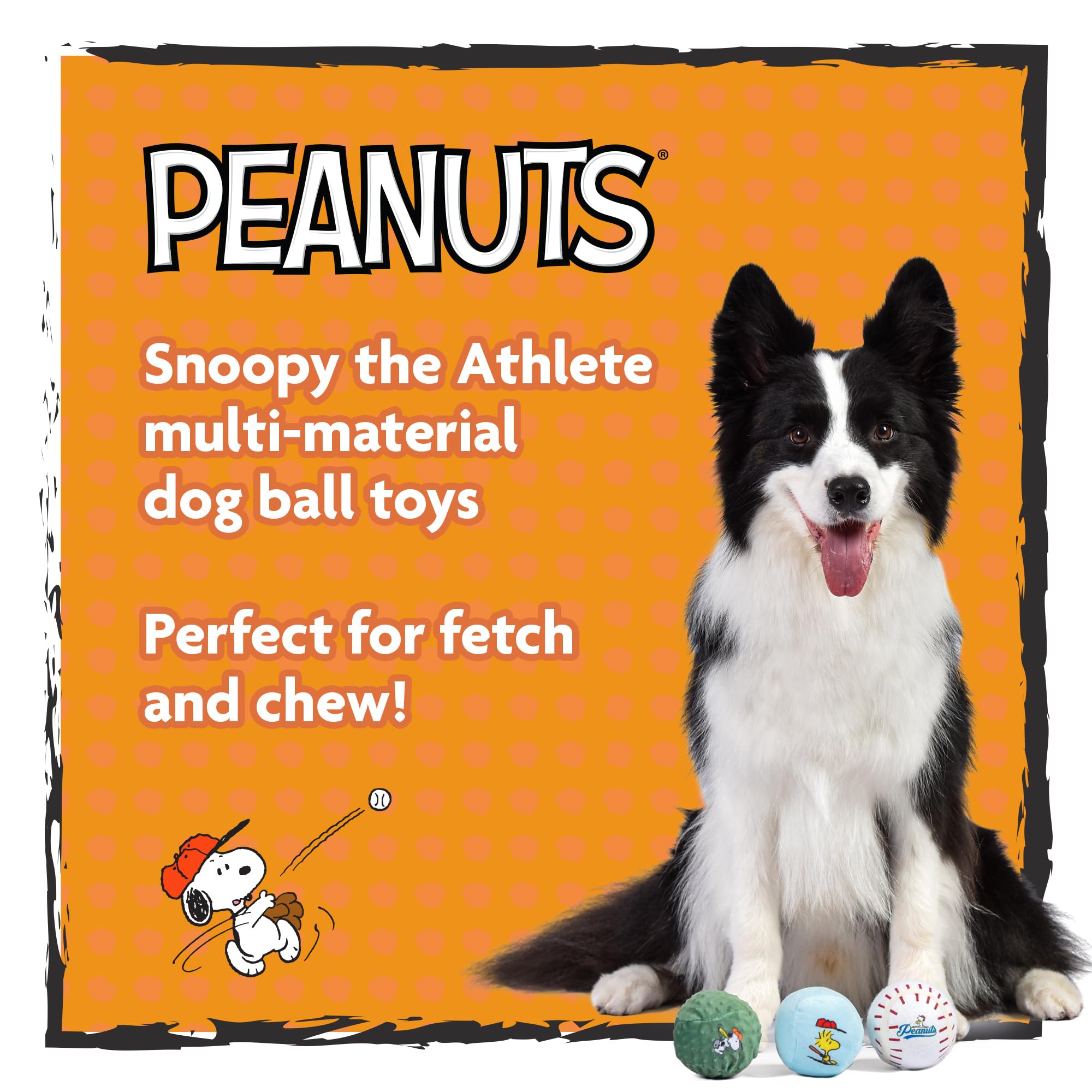 Peanuts For Pets Snoopy The Athlete Multi-Material Dog Ball Toy, 3-Pack - Squeaky, Interactive Dog Toys With Multiple Textures,