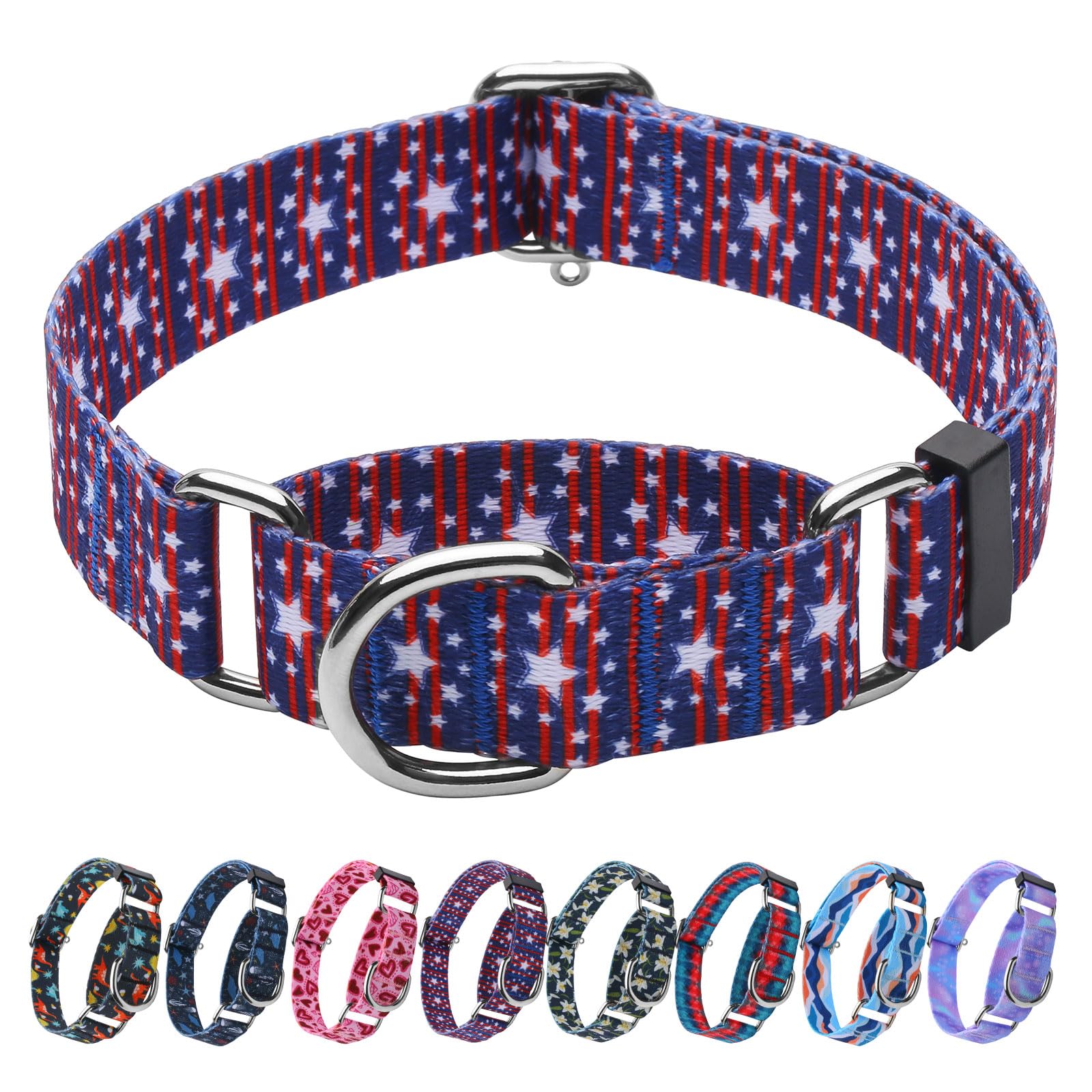 Hikiko American Flag Martingale Collar With No Buckle Soft Nylon Dog Collar For Small Dogs,Blue Star Stripe,S