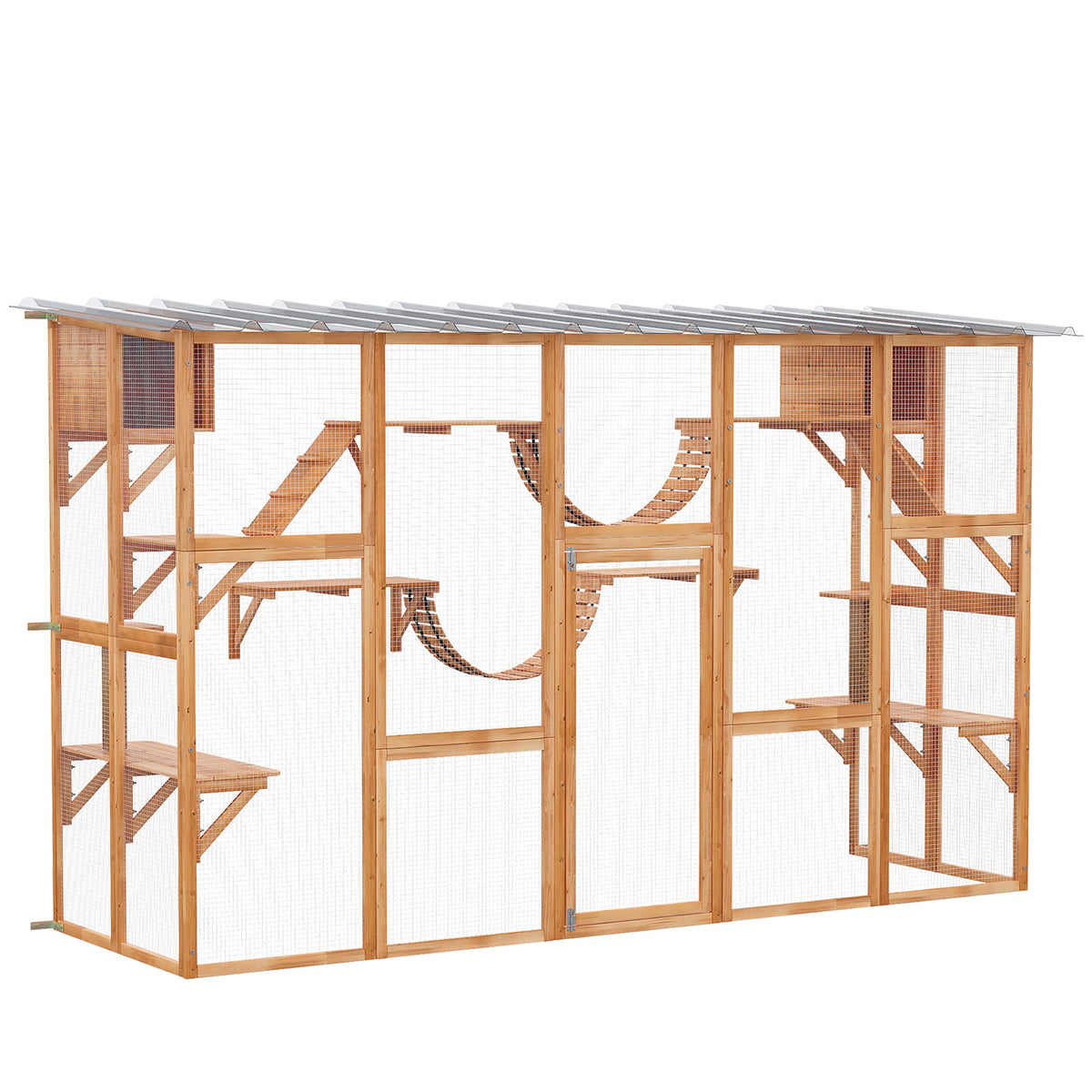 Pawhut Catio Playground Cat Window Box Outside Enclosure, Outdoor Cat House With Weather Protection Roof For Multiple Kitties, Wooden Frame, Shelves & Bridges, 118' X 37. 5' X 74', Orange