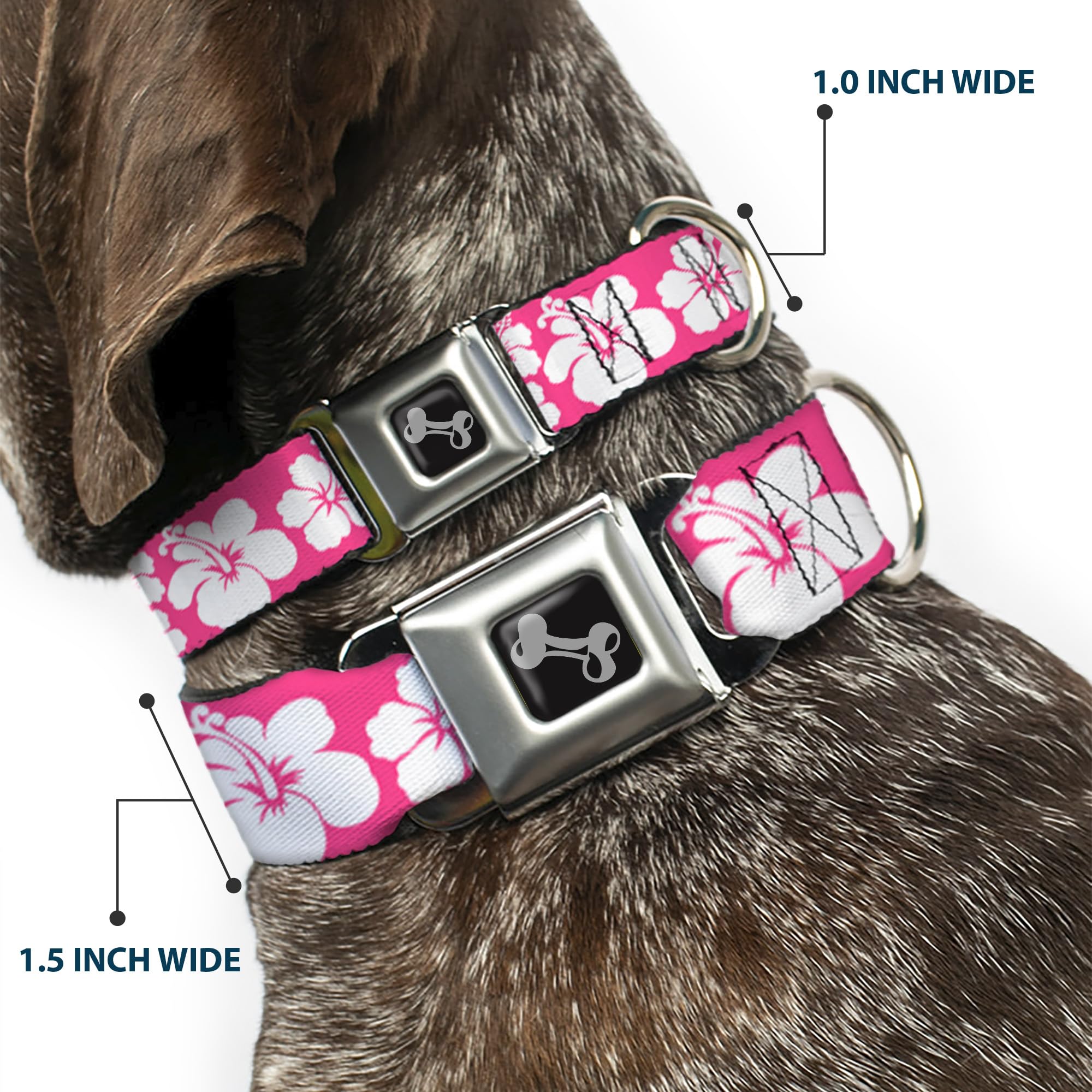 Buckle-Down Hibiscus Neon Pink/White Dog Collar Bone, Wide Small/13-18, Neck - Small