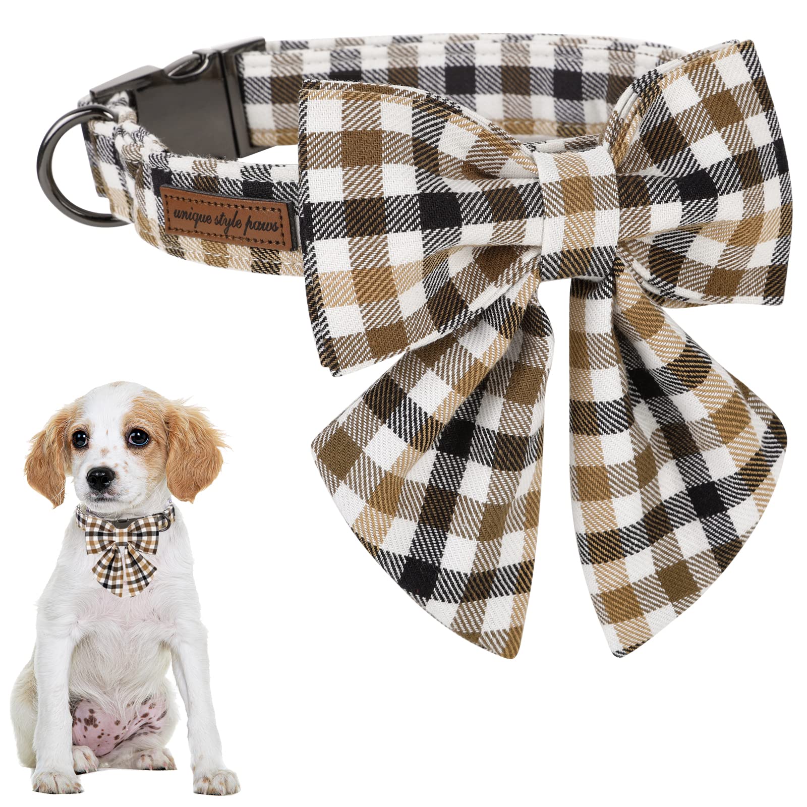 Unique Style Paws Christmas Dog Collar With Bow Tie Brown Plaid Puppy Collar For Small Medium Large Dogs As Autumn Winter Pet Gifts-Xl