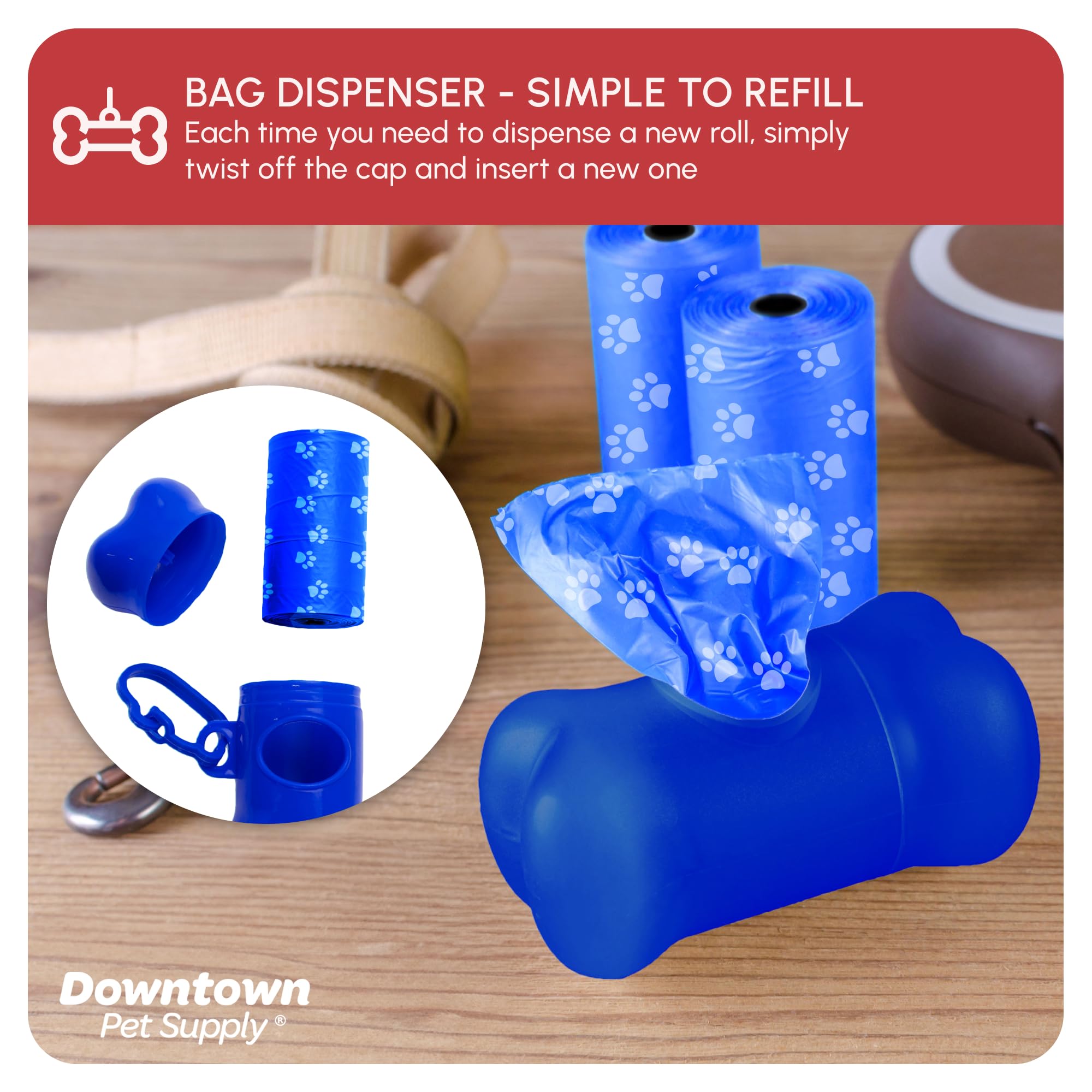 Downtown Pet Supply Poop Bags For Dogs With Dispenser, 1000 Count - Leak-Proof Dog Waste Bags And Bone-Shaped Dog Poop Bags Holder For Leash - Rainbow With Paw Prints, 12.5' X 8.5'