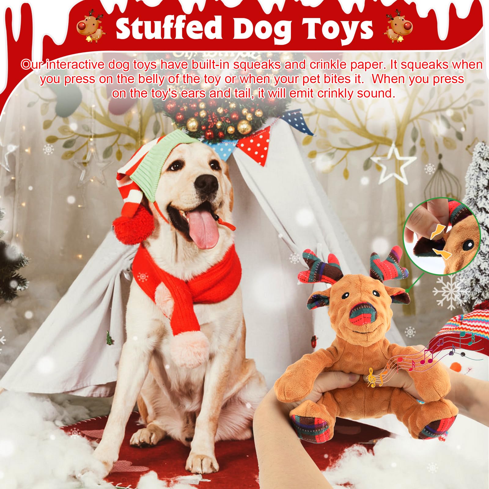 Yuepet Christmas Squeaky Dog Chew Toys, Reindeer Plush Dog Toys For Cleaning Teeth, Durable Stuffed Dog Toys With Crinkle Paper