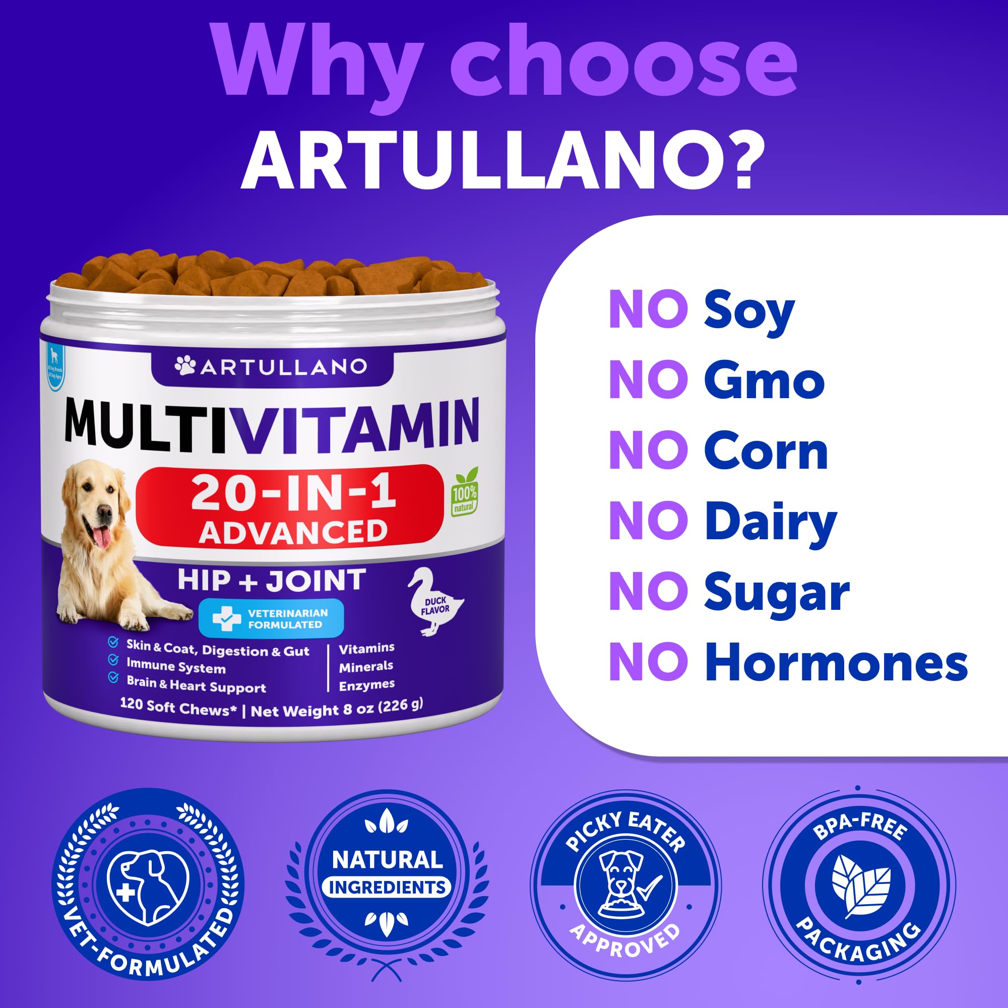 Dog Multivitamin Chewable with Glucosamine 20 in 1 - Dog Vitamins and Supplements - Senior & Puppy Multivitamin for Dogs - Pet J
