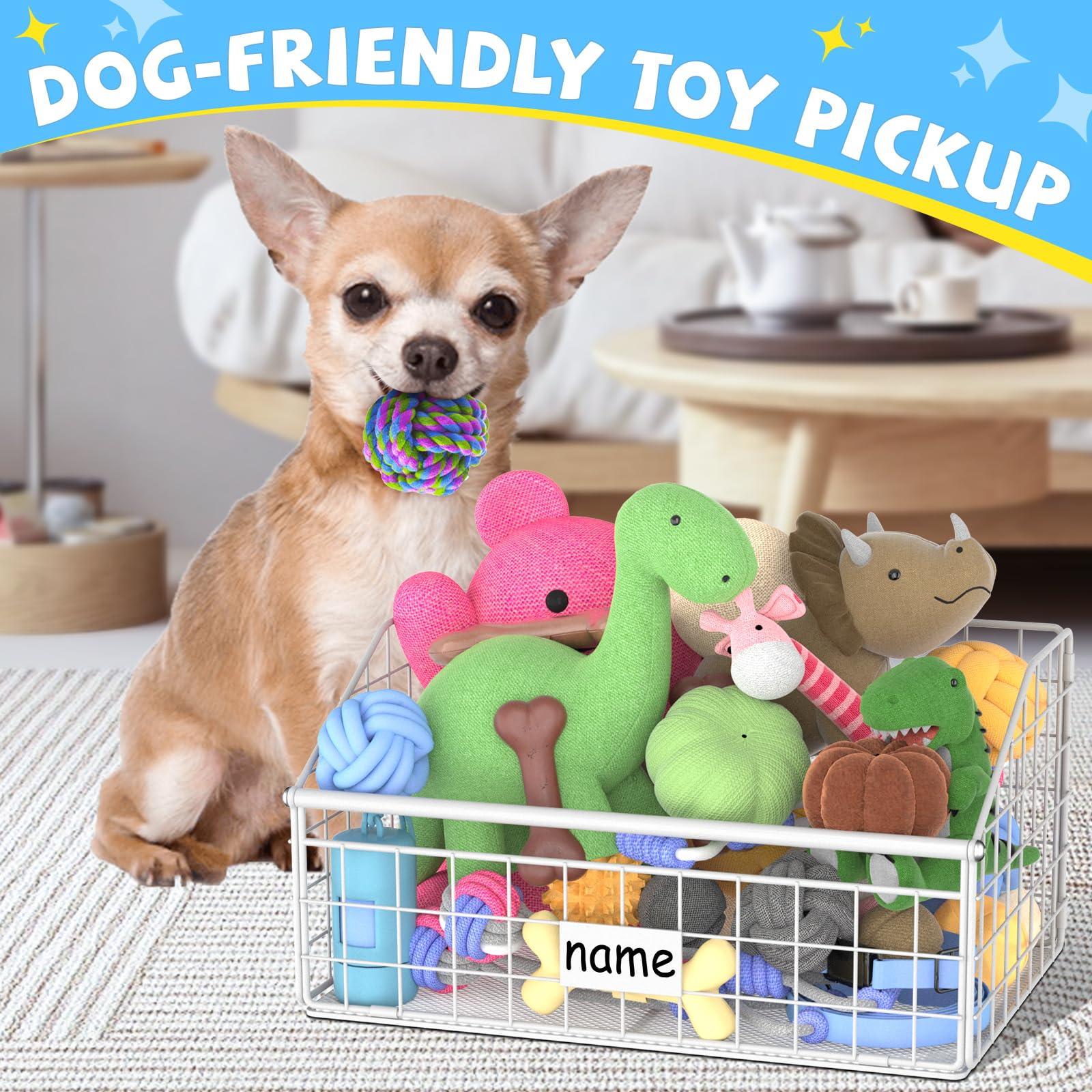 Kaiferty Indestructible Dog Toy Basket, Small Metal Toy Bin, White, S: 13.8"L x 9.0"W x 7.1"H, Pet Storage Organizer for