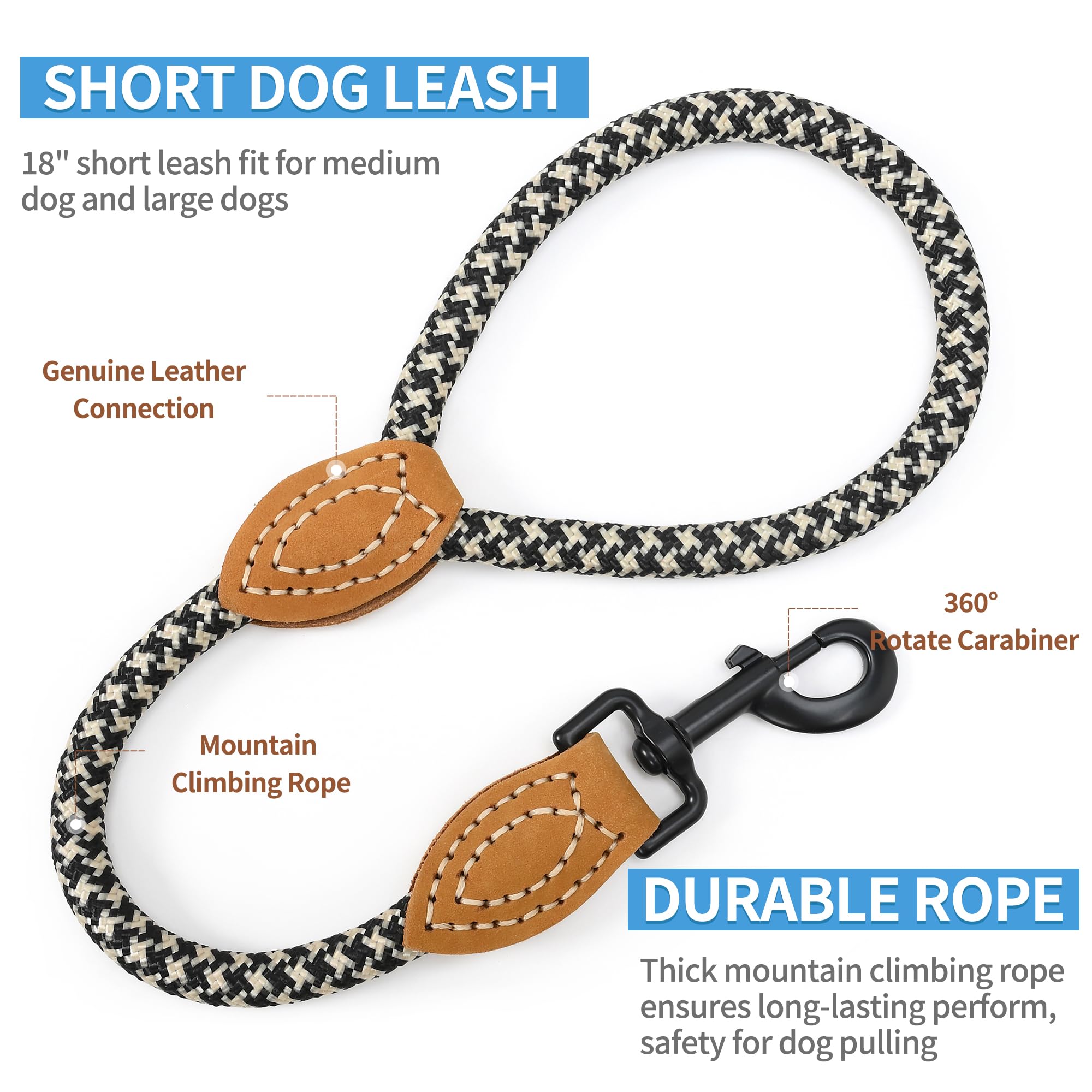 Mile High Life Short Dog Leash For Large Dogs - Mountain Climbing Dog Rope Leash With Heavy Duty Metal Clasp | Genuine Leather T