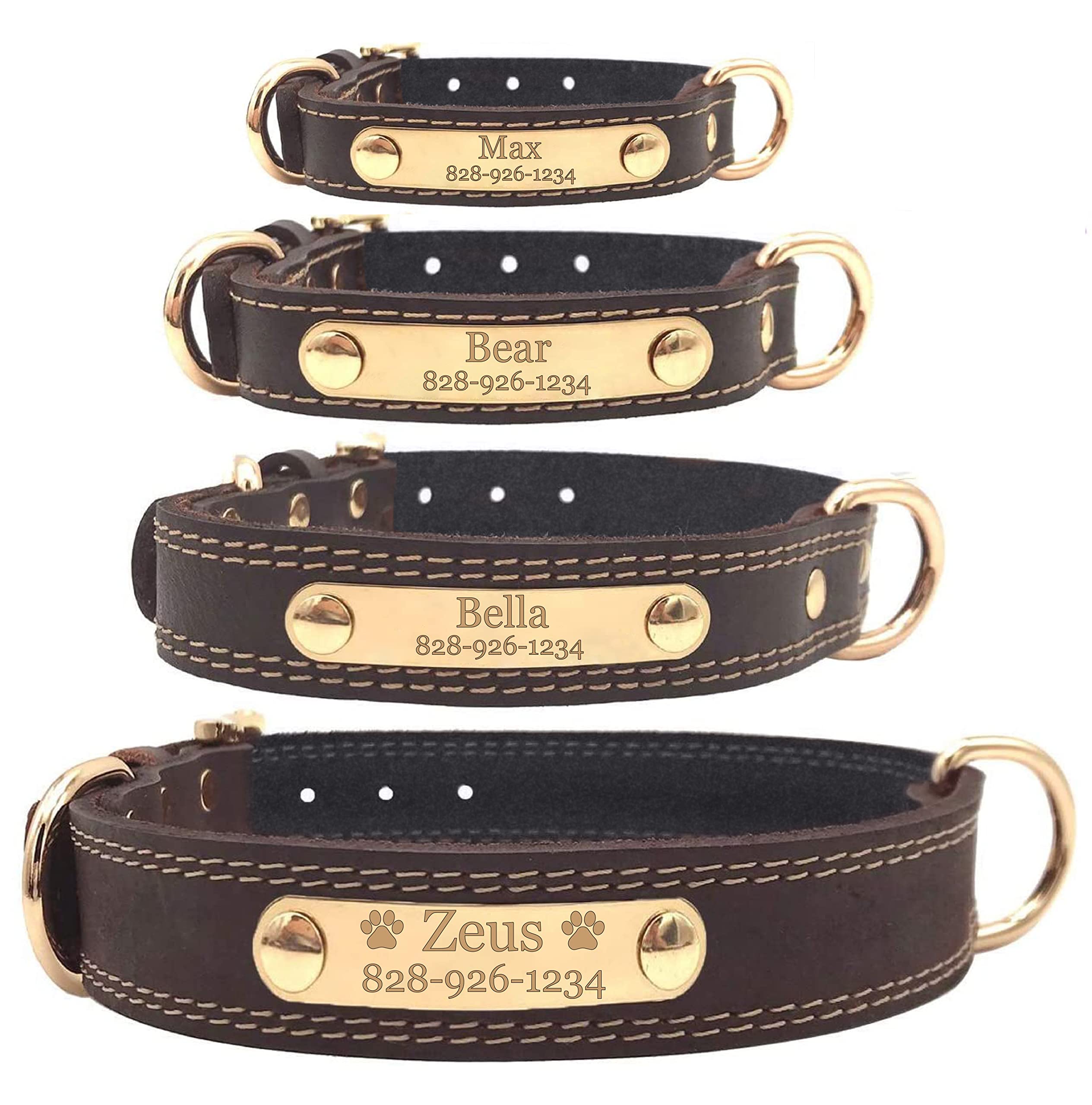 Personalized Dog Collar - Engraved Soft Leather - Custom Small Medium or Large Size with Name Plate (Medium, Brown)