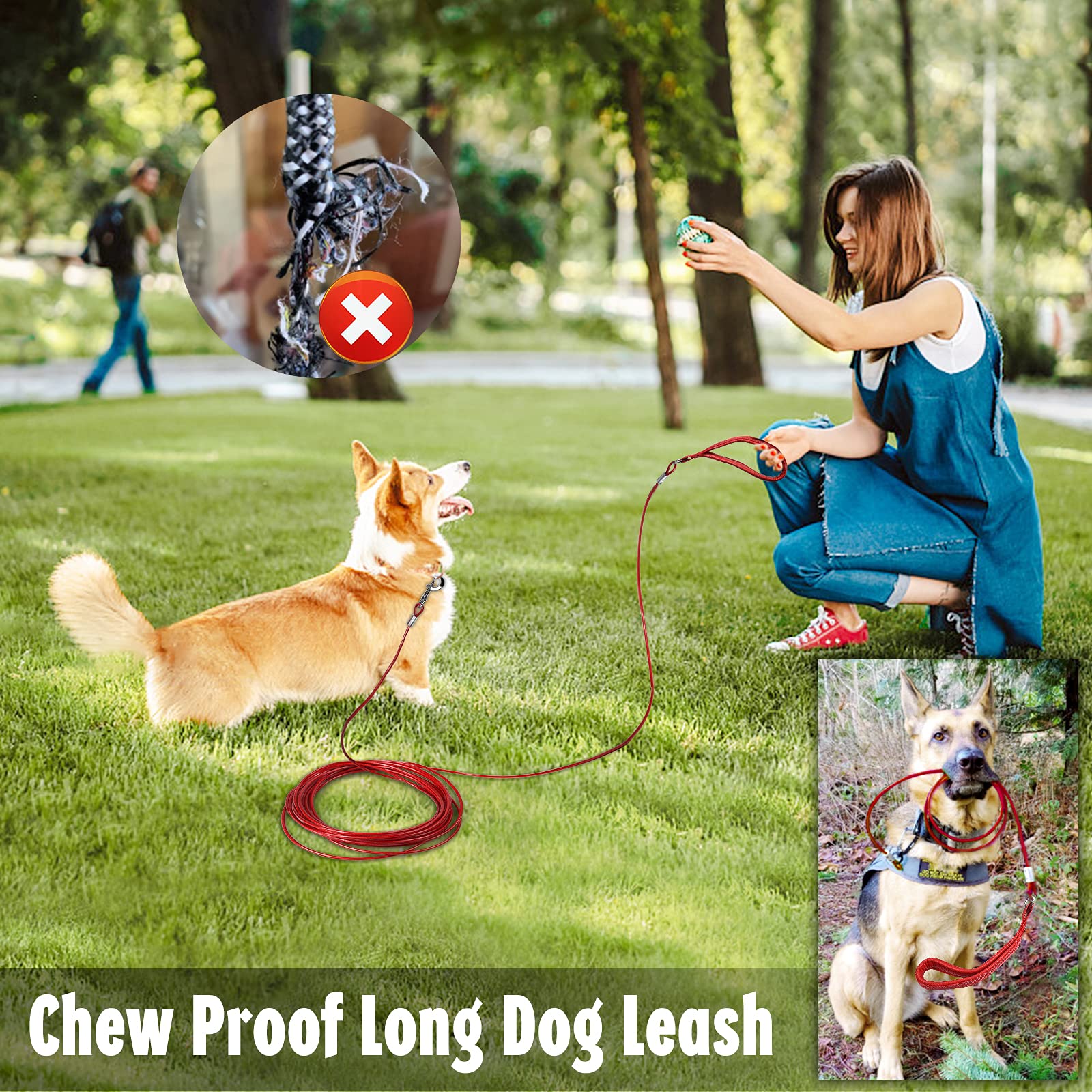 Heavy Duty Dog Leash - Chew Proof Tie Out Cable With Carabiner, 10/20/30/50 Ft, Padded Handle For Medium Large Dogs