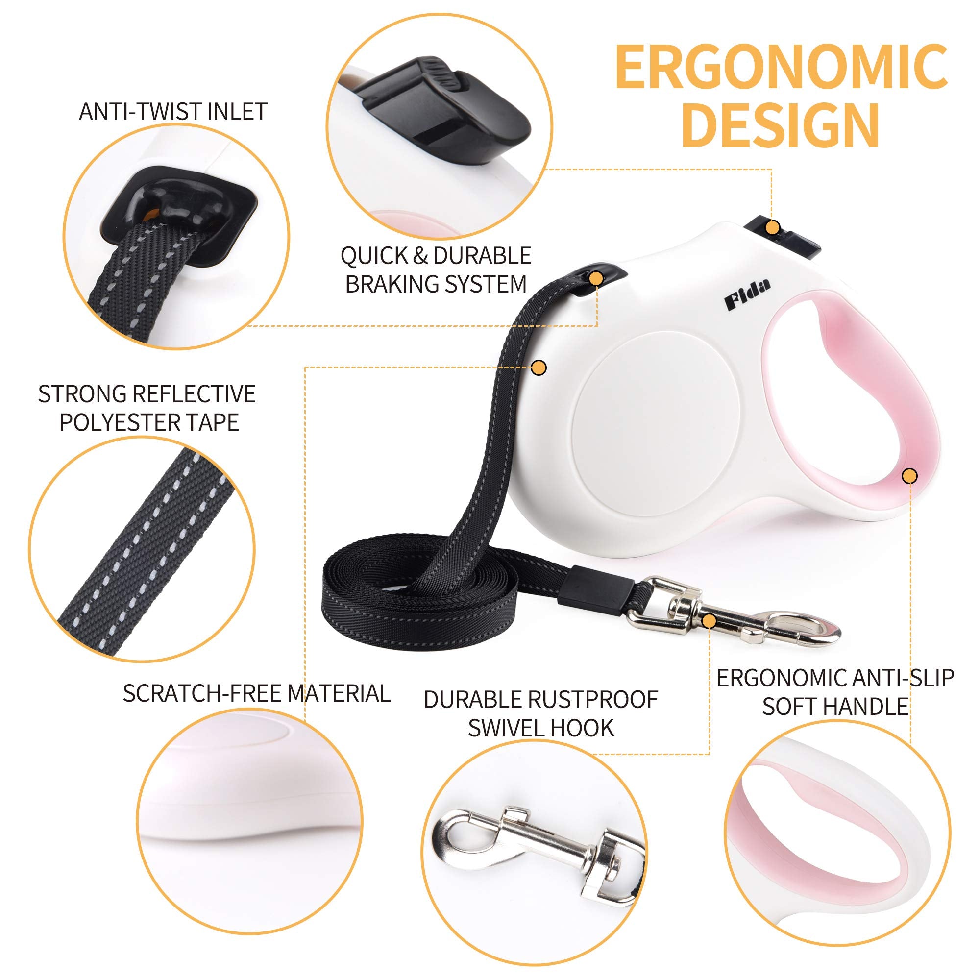 Fida Retractable Dog Leash With Dispenser And Poop Bags, 16 Ft Pet Walking Leash For Large Dog Up To 110 Lbs, Anti-Slip Handle, Tangle Free, Reflective Nylon Tape (L, White)