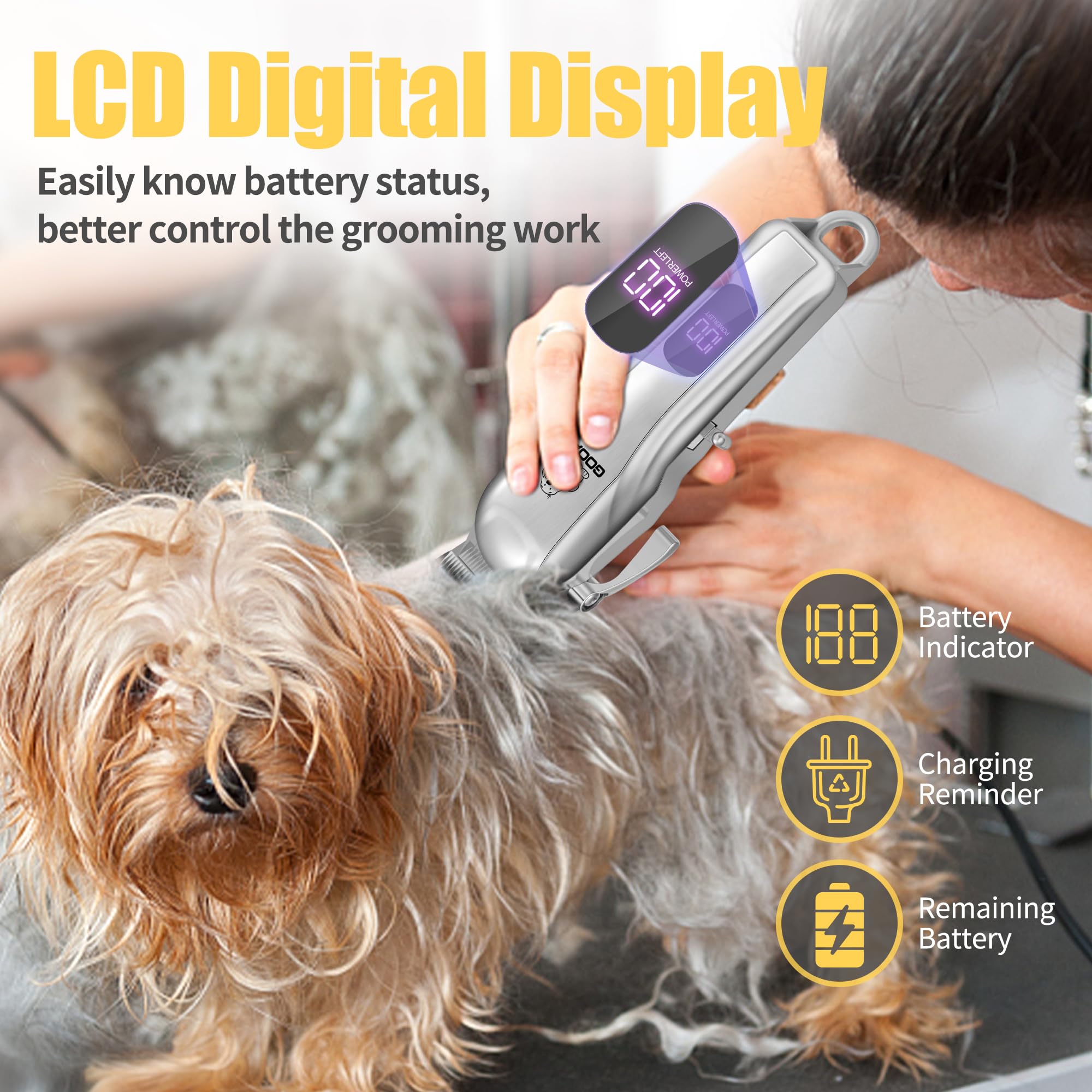 Gooad Dog Grooming Kit - Low Noise Rechargeable Clippers for Thick Hair, Silver - Includes Paw Trimmer & Nail Grinder for Small & Large Dogs