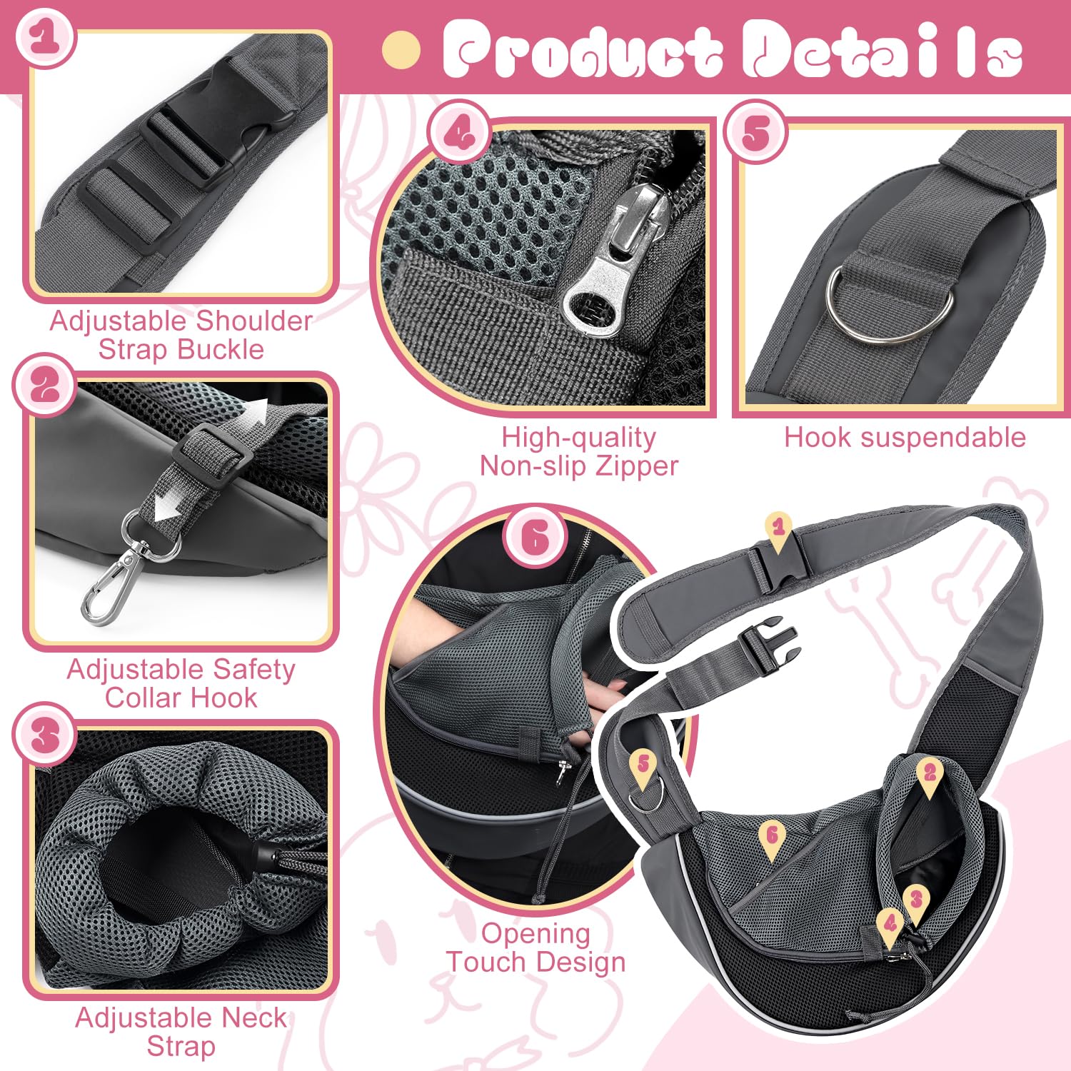 Yudodo Pet Dog Sling Carrier Mesh Hand Free Adjustable Dog Satchel Carrier Bag Papoose Crossbody For Small Medium Dog Cat Rabbit (S(Up To 5 Lbs), Black)