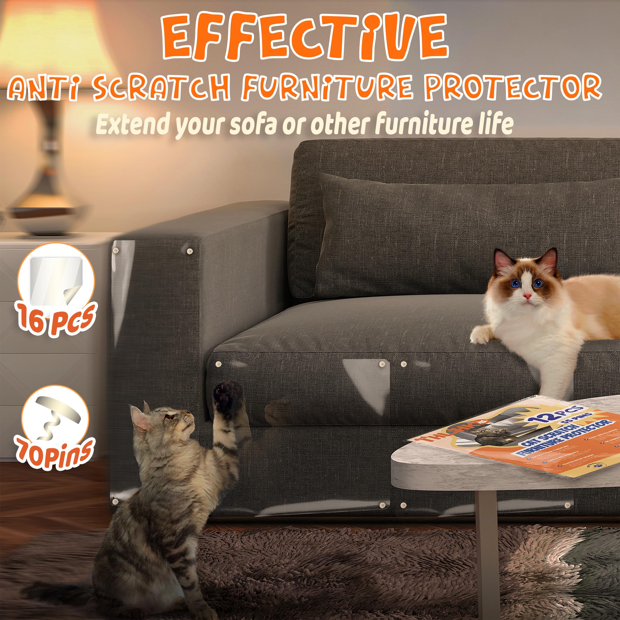 Thlhkd Cat Scratch Furniture Protector: 16 Pcs Single Side Couch Protector From Cat Claws With 4 Holes, Easy To Stick & Fix, Fur