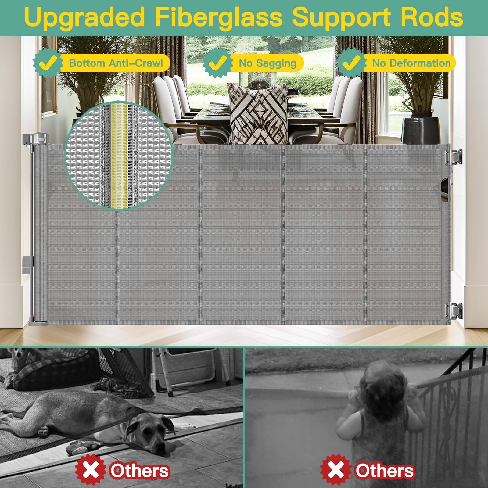 Upgraded 60 Wide Retractable Dog Gate with Reinforced Rods - Bottom Anti-Escape, 5 ft Retractable Baby Gates for Doorways Retrac