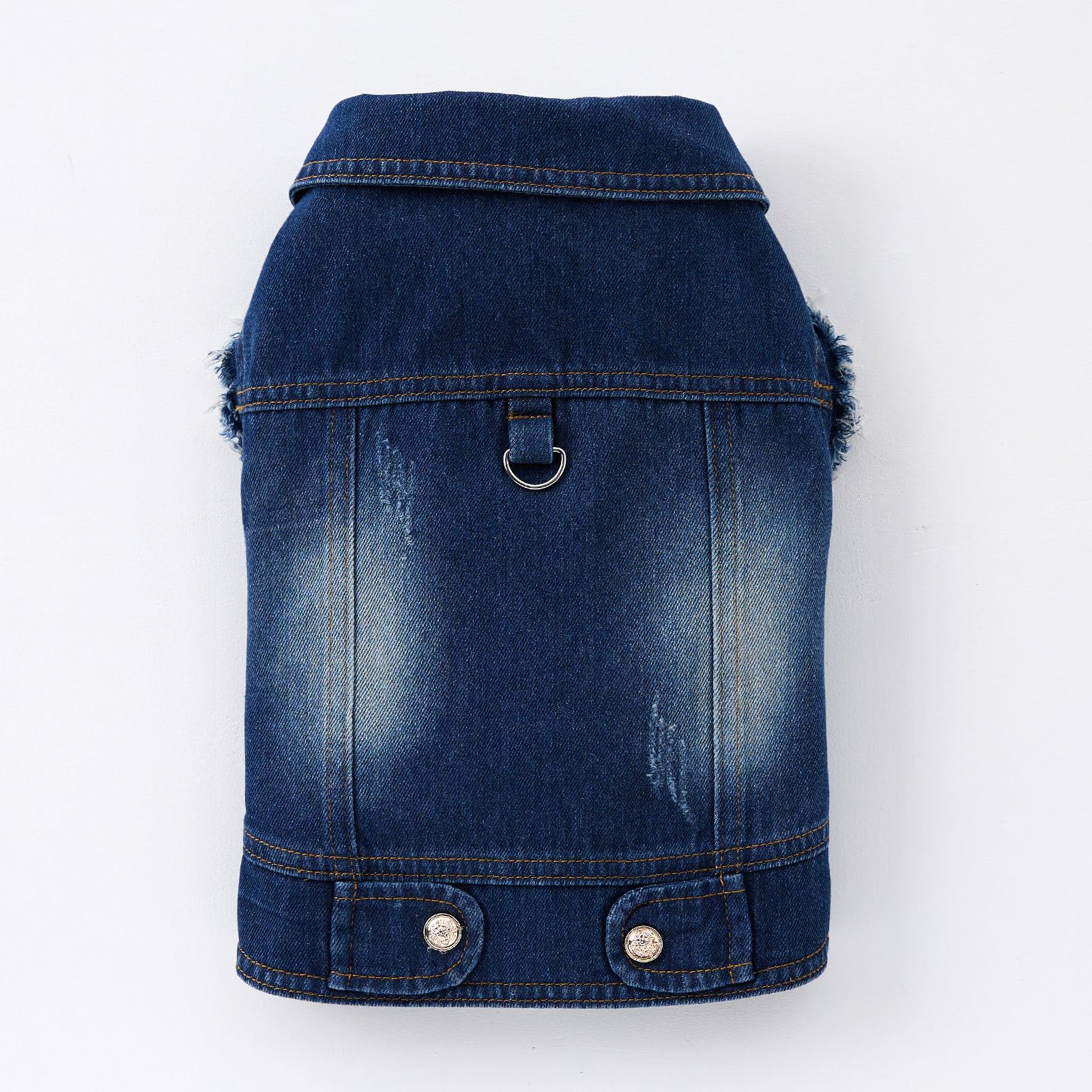 Cantuccistudio Pet Denim Jacket For Dogs With Leash Ring, Fringed Sleeves, Blue Jean Coat, Dog Collar Vest, Classic Design, Vint