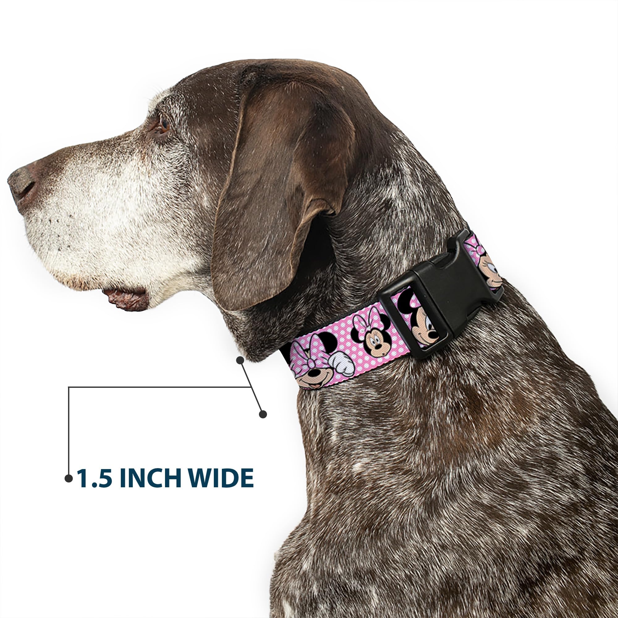 Buckle-Down Plastic Clip Collar - Minnie Mouse Expressions Polka Dot Pink/White - 1/2 Wide - Fits 9-15 Neck - Large