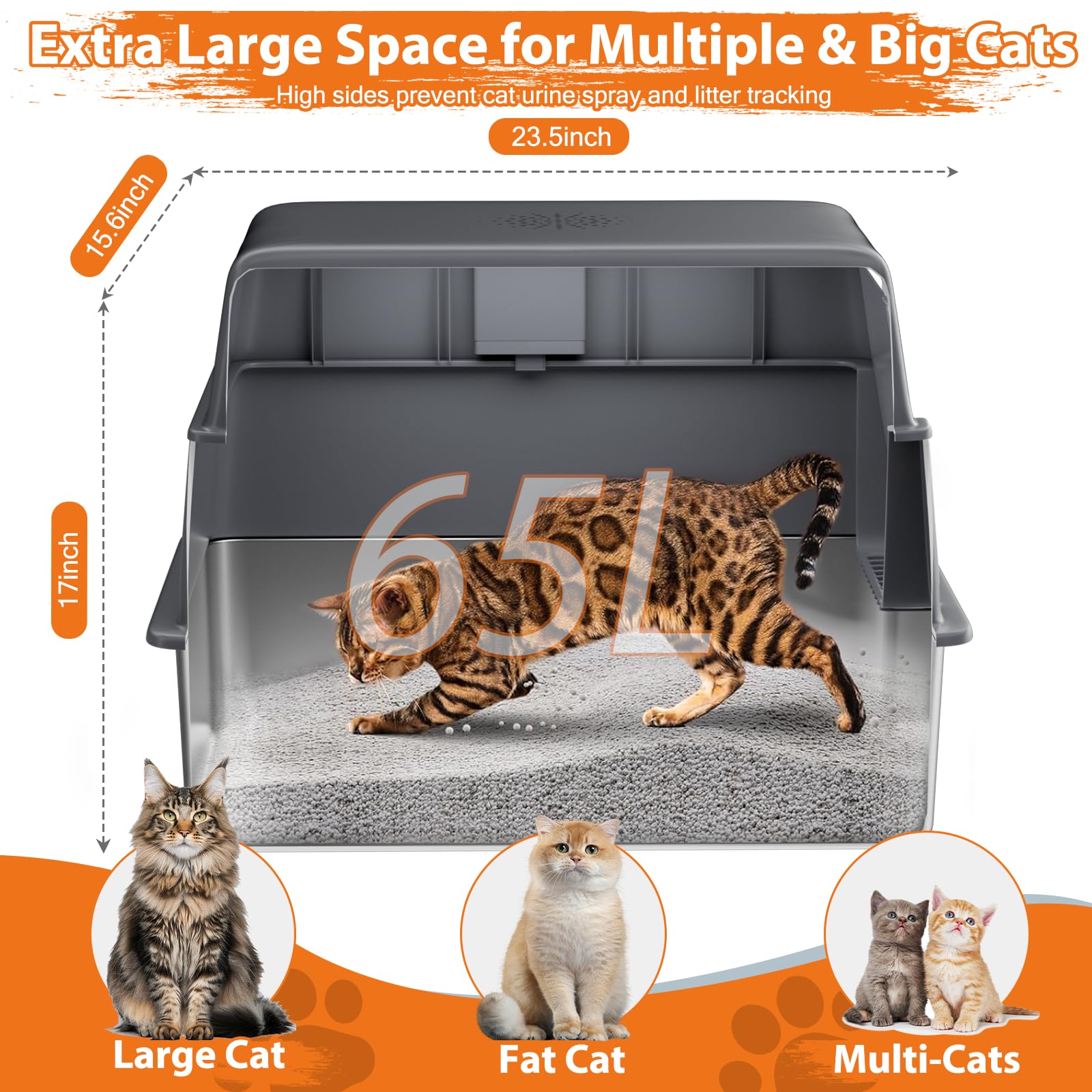 Stainless Steel Litter Box With Lid, 2 Pack Xl Metal Cat Litter Box With Removable High Sided Enclosed, Foot Pedal & Scoop & Lit