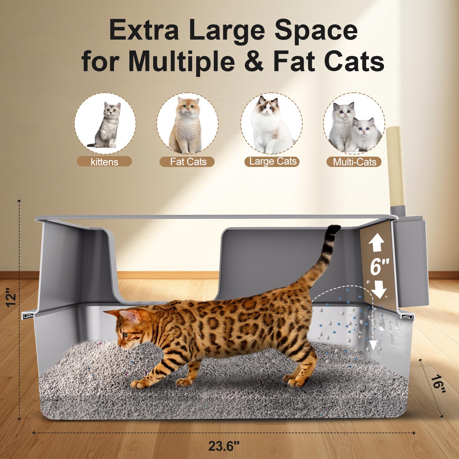 Sousia Stainless Steel Litter Box - Extra Large Steel Litter Box XL Non-Sticky Metal Litter Box Tray Anti-Leakage Easy Cleaning