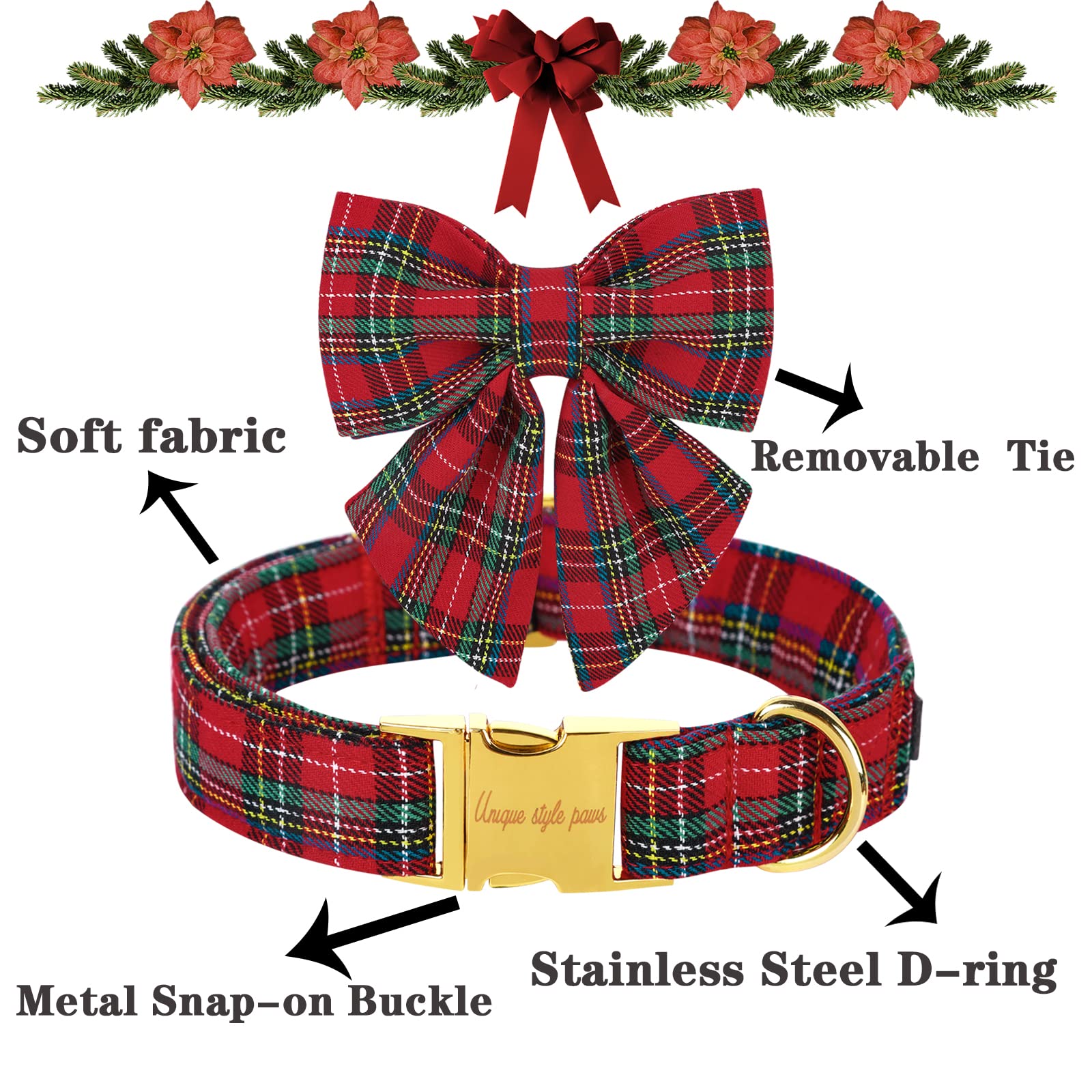 Unique Style Paws Christmas Dog Collar With Bow Tie Scottish Plaid Puppy Collar For Small Medium Large Dogs As Holiday Autumn Winter Gifts-Xs