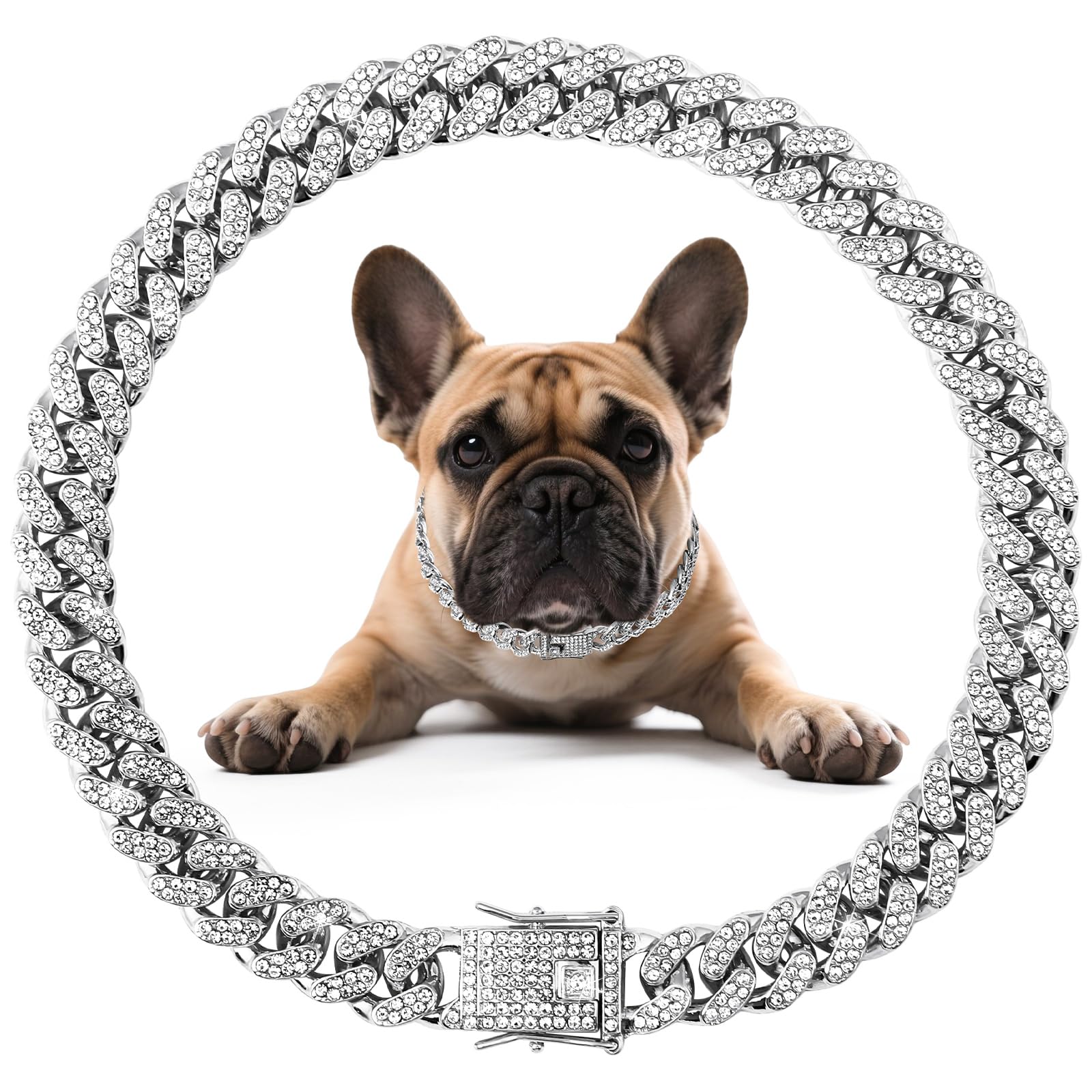 Cuban Link Silver Dog Chain Collar Design Secure Buckle Crystal Necklace Silver Dog Metal Jewelry Accessories For Small Medium L
