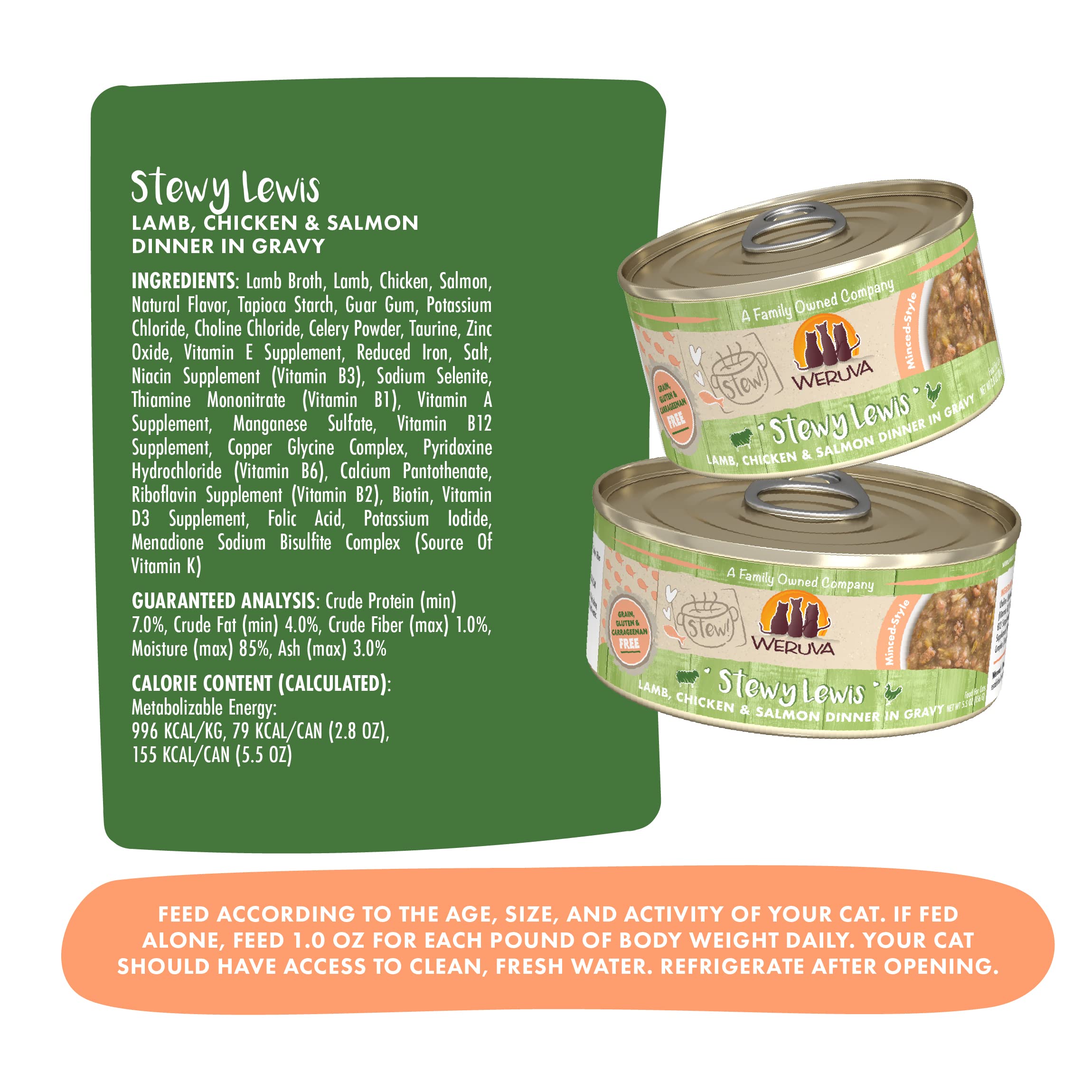 Weruva Classic Cat Stews!, Stewy Lewis with Lamb, Chicken & Salmon in Gravy, 2.8oz Can (Pack of 12)
