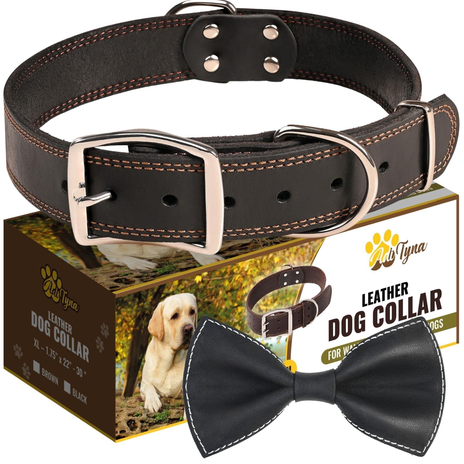 Adityna Heavy Duty Leather Dog Collar For Extra-Large Dogs - Black Xl Dog Collar - Soft And Strong Big Dog Collar (Extra-Large, Black)