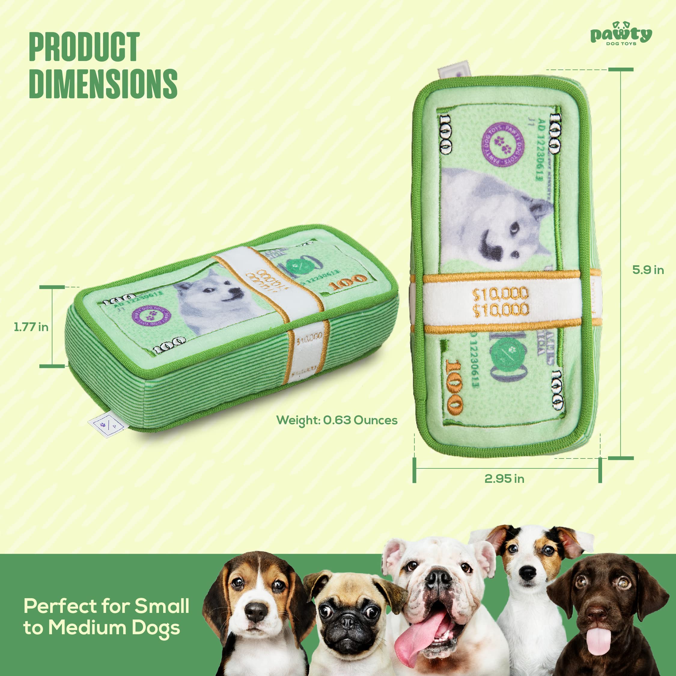 Pawty Dog Toys - Cash Money Dog Toy - Plush Cute Unique Parody Toy With Squeaker - Funny Birthday Gift Small Medium Dogs Premium Quality - Unique Design