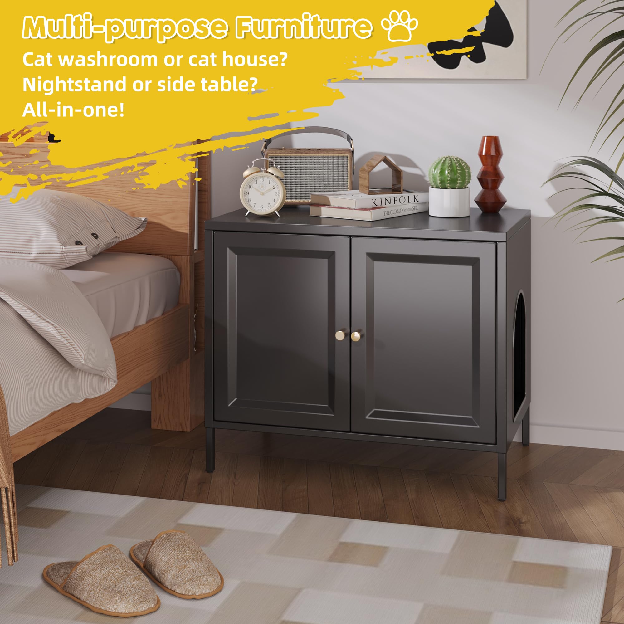 Aobabo Cat Litter Box Enclosure, Metal Cat Washroom Furniture with Barn Door, Pet House, Fit Most of Litter Box, Black, Assembly