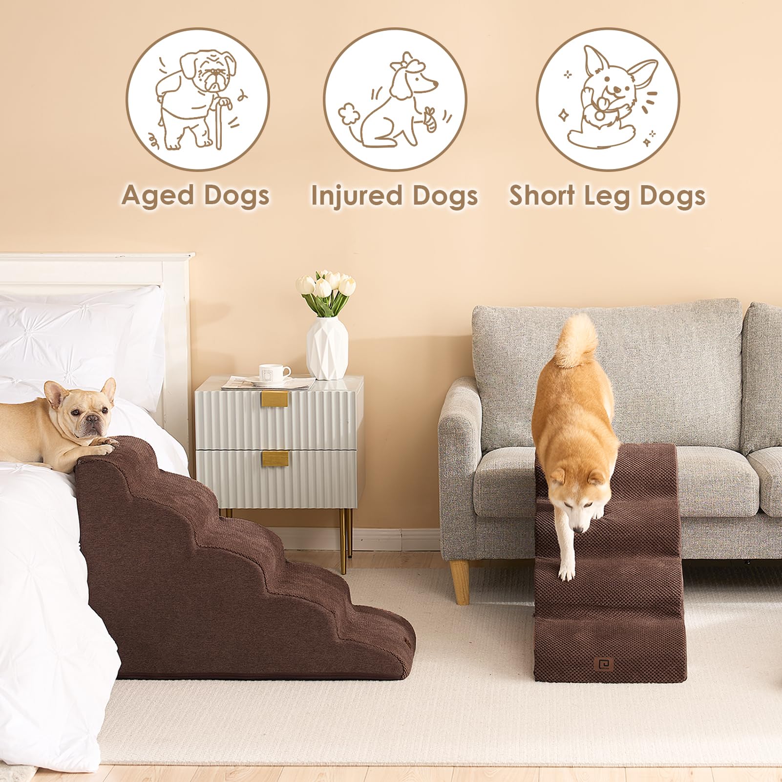 Eheyciga Curved Dog Stairs Ramp For High Beds 19.7' H, 4-Step Dog Steps For Small Dogs And Cats, Pet Stairs For High Bed Climbing, Non-Slip Balanced Pet Step Indoor, Brown