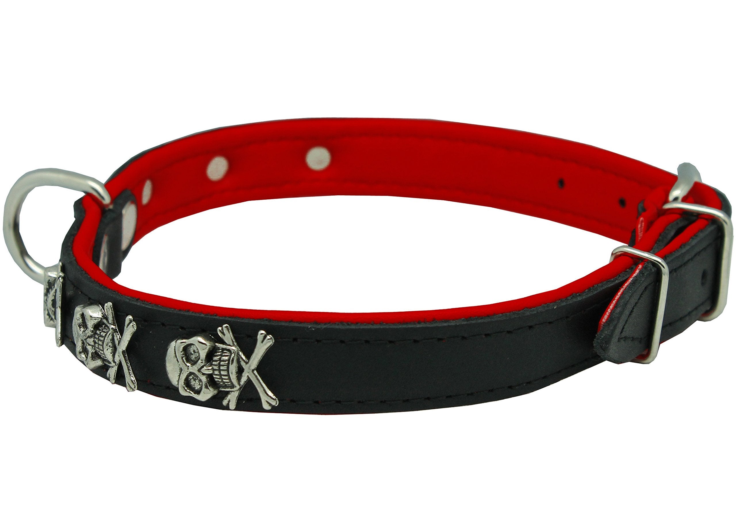 Dogs My Love Real Leather Skull Studded Padded Dog Collar (15.5''-18.5'' Neck; 3/4'' Wide, Black/Red)