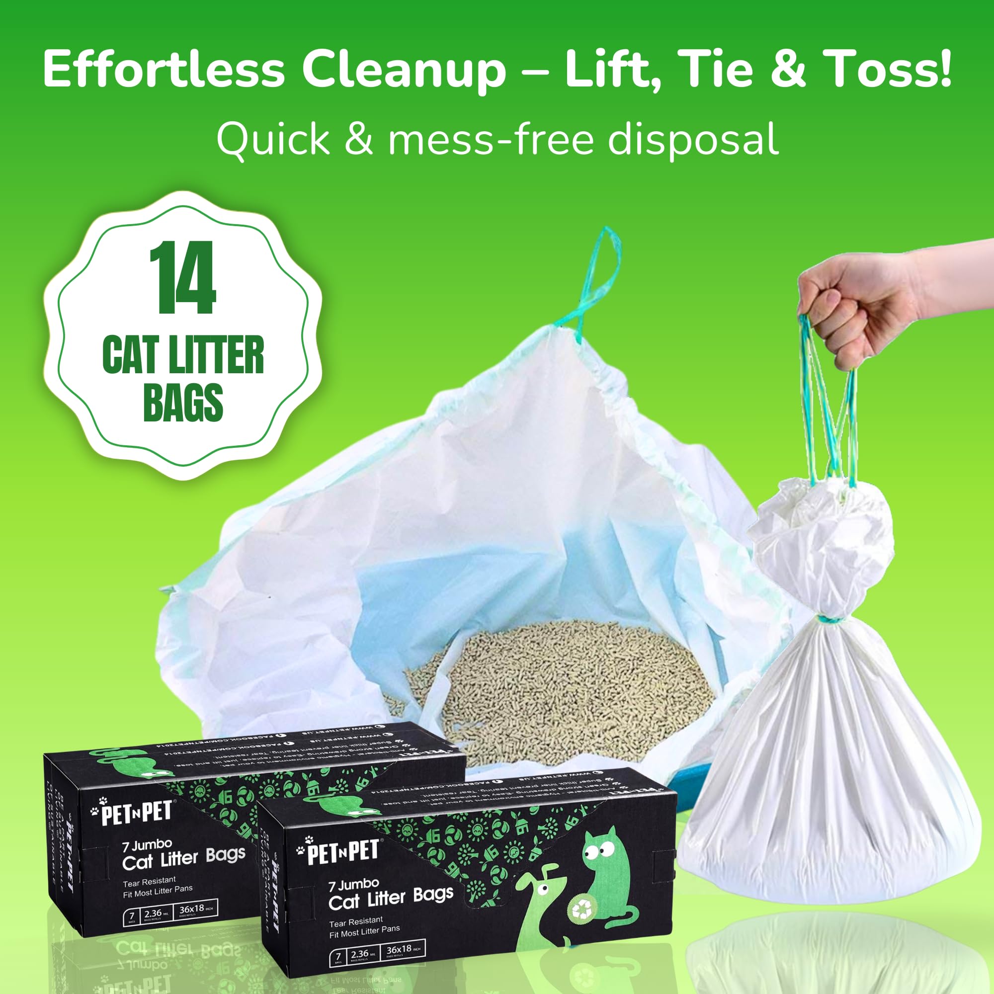 Pet N Pet Cat Litter Box Liners Bags Jumbo, Heavy Duty Tear Resistant & Drawstring Closure Cat Litter Bags, Waterproof Kitty Box
