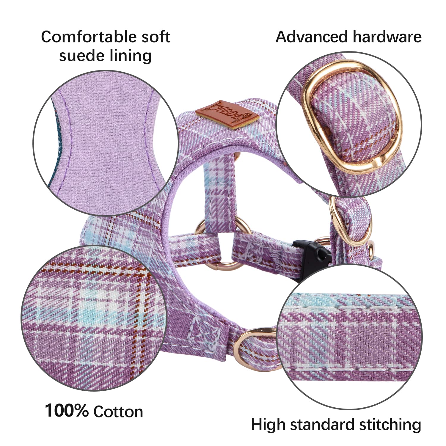 CHEDE No Pull Plain Pattern Dog Harness - Lightweight & Soft, Adjustable for Small & Medium-Sized Dogs, Includes Leash