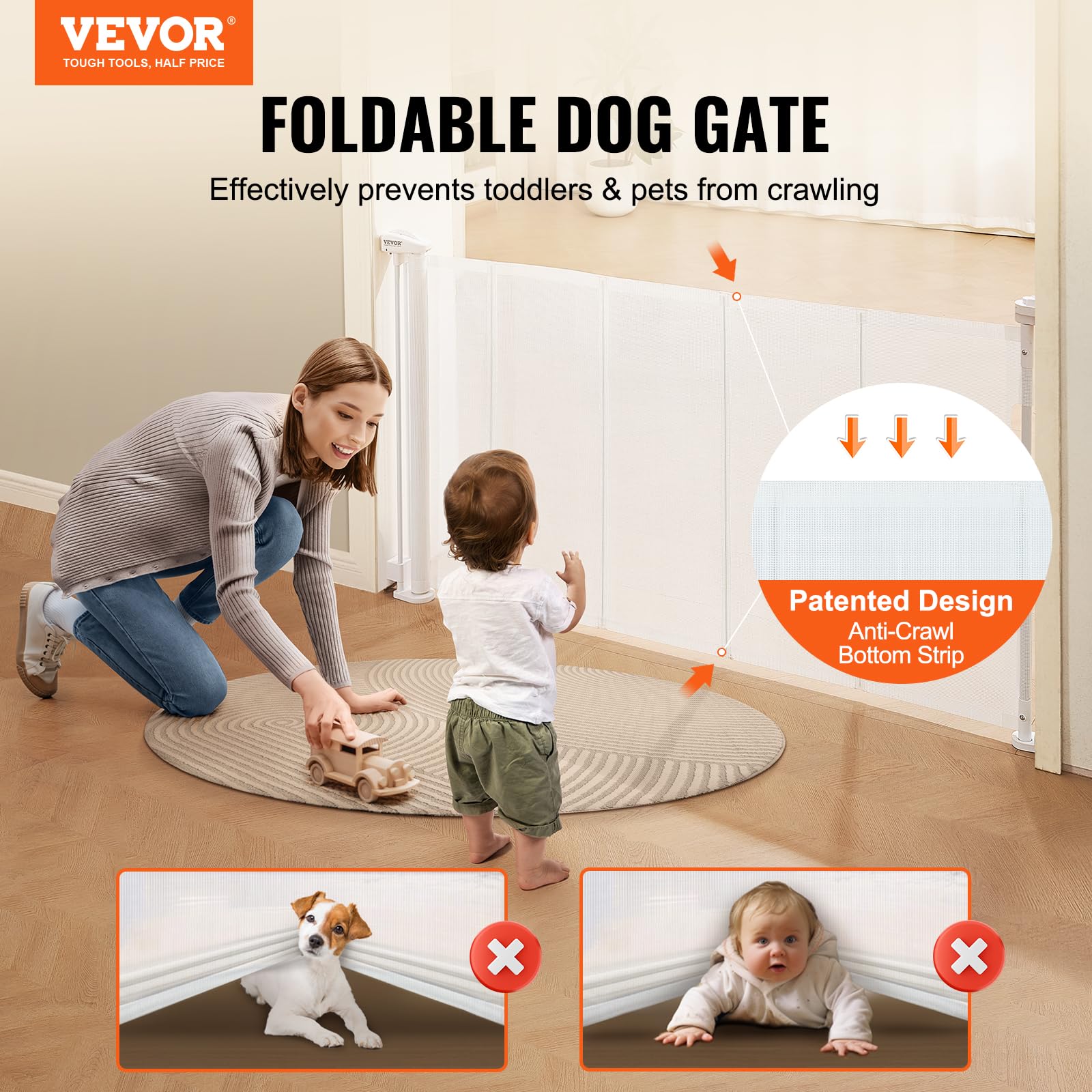 VEVOR Retractable Baby Gates for Stairs, Extends up to 60&quot; Wide, Mesh Dog Gate for The House, 34&quot; Tall Child Safety Gates for Doorways, Hallways, Wide Pet Gate, Cat Gate Indoor & Outdoor, White