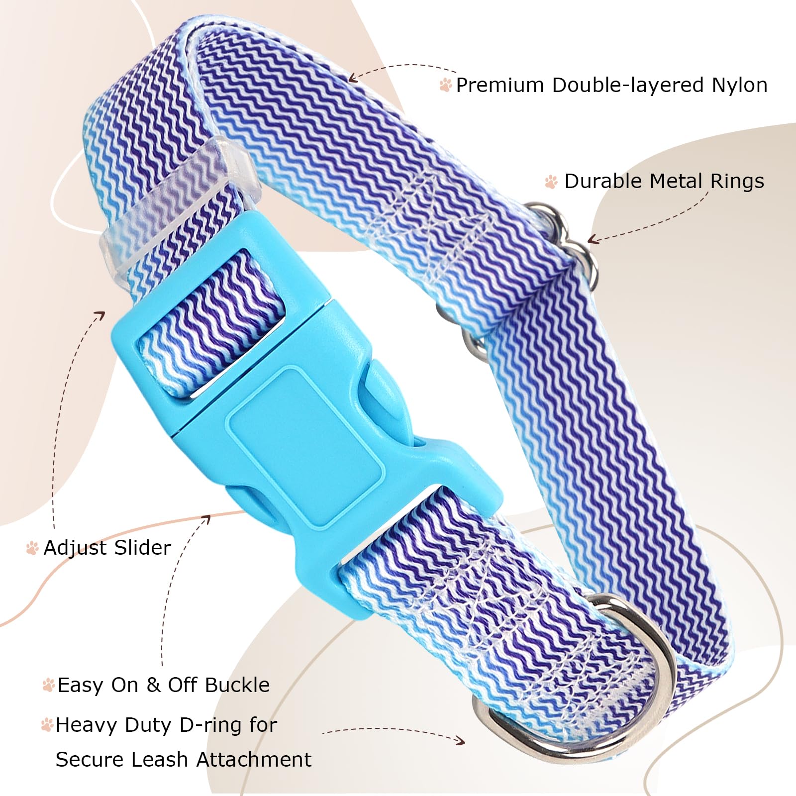 Boy Dog Collar For Puppy Small Dogs, Cute Blue Dog Collar With Waves Patterns, Adjustable Heavy Duty Nylon Collar With Quick-Rel