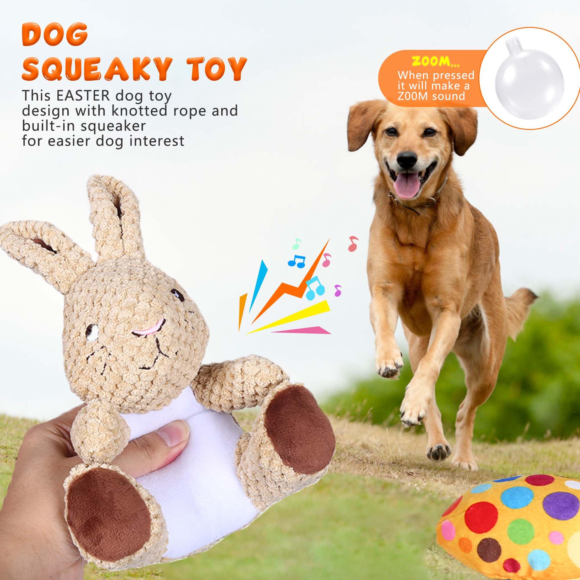 Wonfly Easter Dog Squeaker Toys (2 Pcs), Rabbit & Eggs - 8.5In Plush Dog Toy With Squeaker, Cotton Material, Daily Entertainment