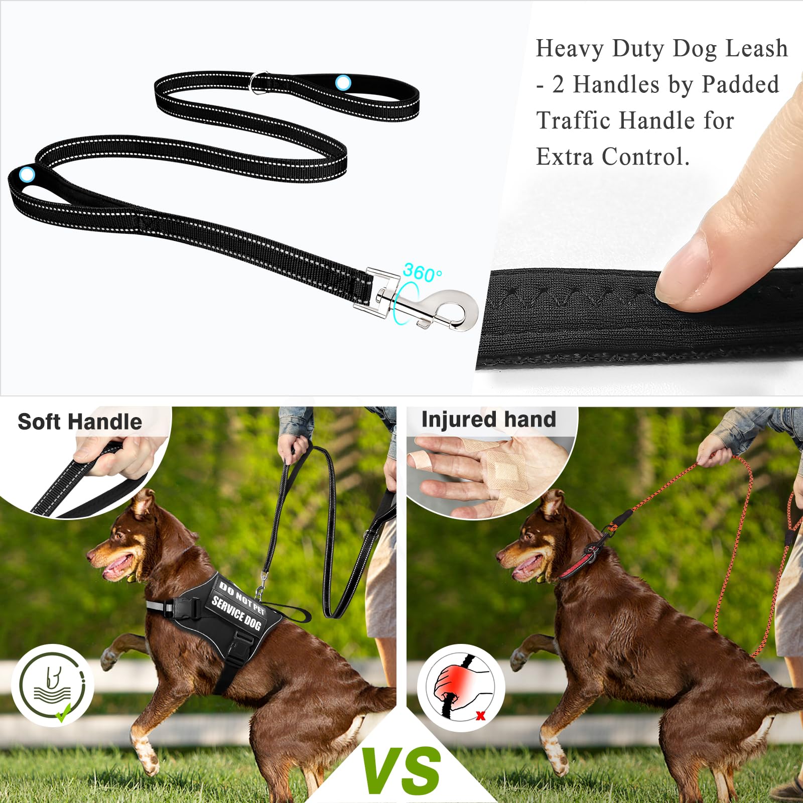 Winsee Service Dog Harness & Leash Set, Large, Black With 10 Patches, Reflective, Adjustable, For Medium & Large Dogs