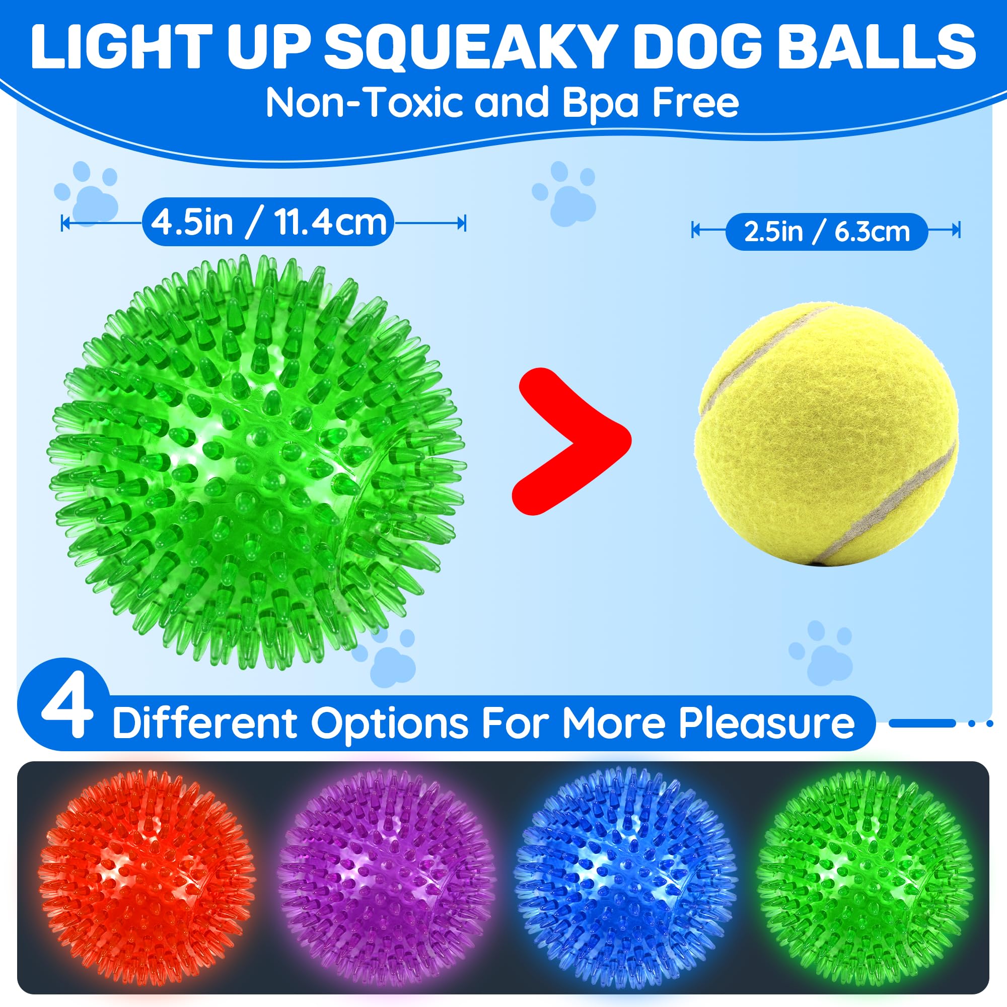 Ousiya 4 Pack 4.5'' Light Up Squeaky Dog Balls, Spiky Dog Toy Balls For Medium Large Dogs