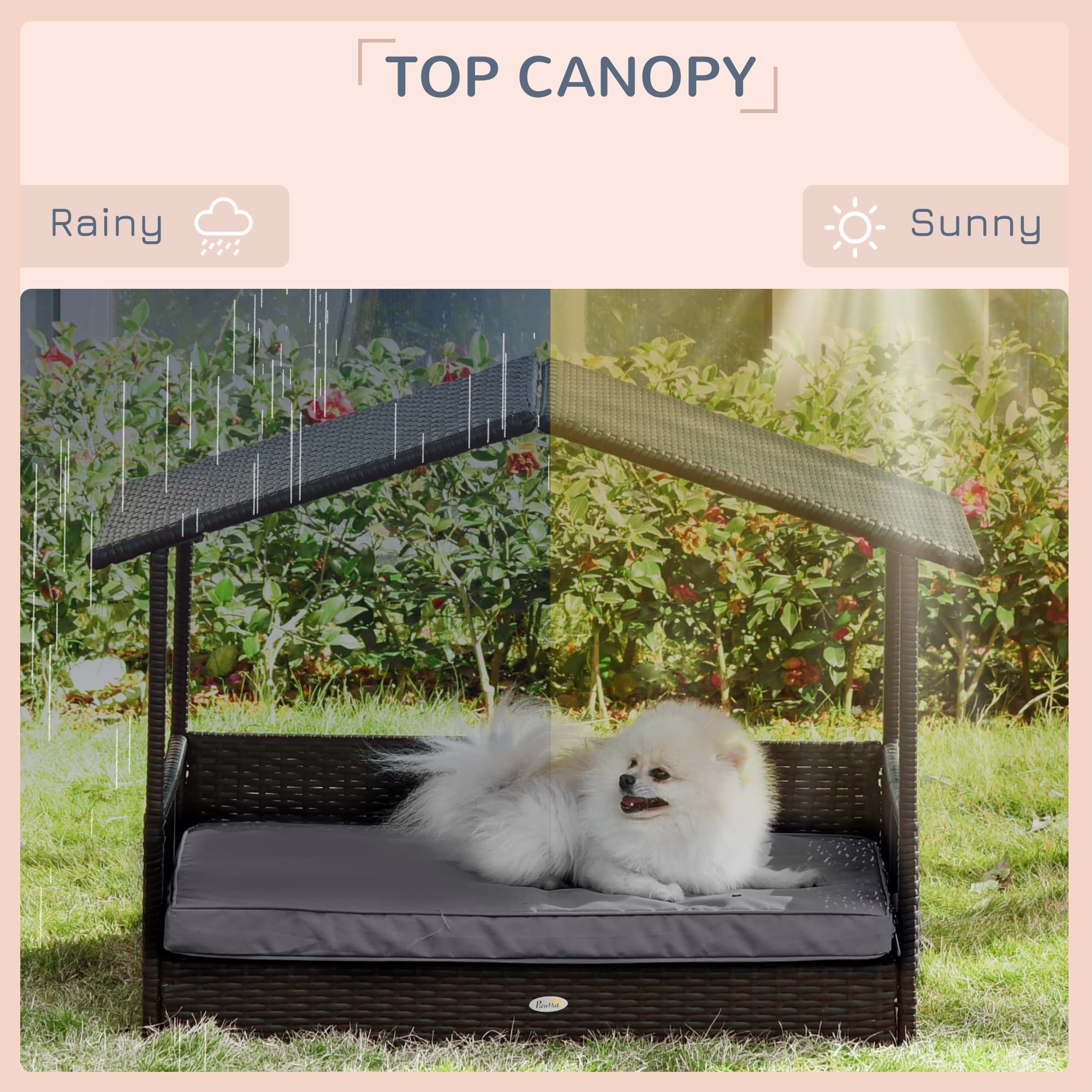 PawHut Wicker Dog House Elevated Raised Rattan Bed for Indoor/Outdoor with Removable Cushion Lounge, Grey