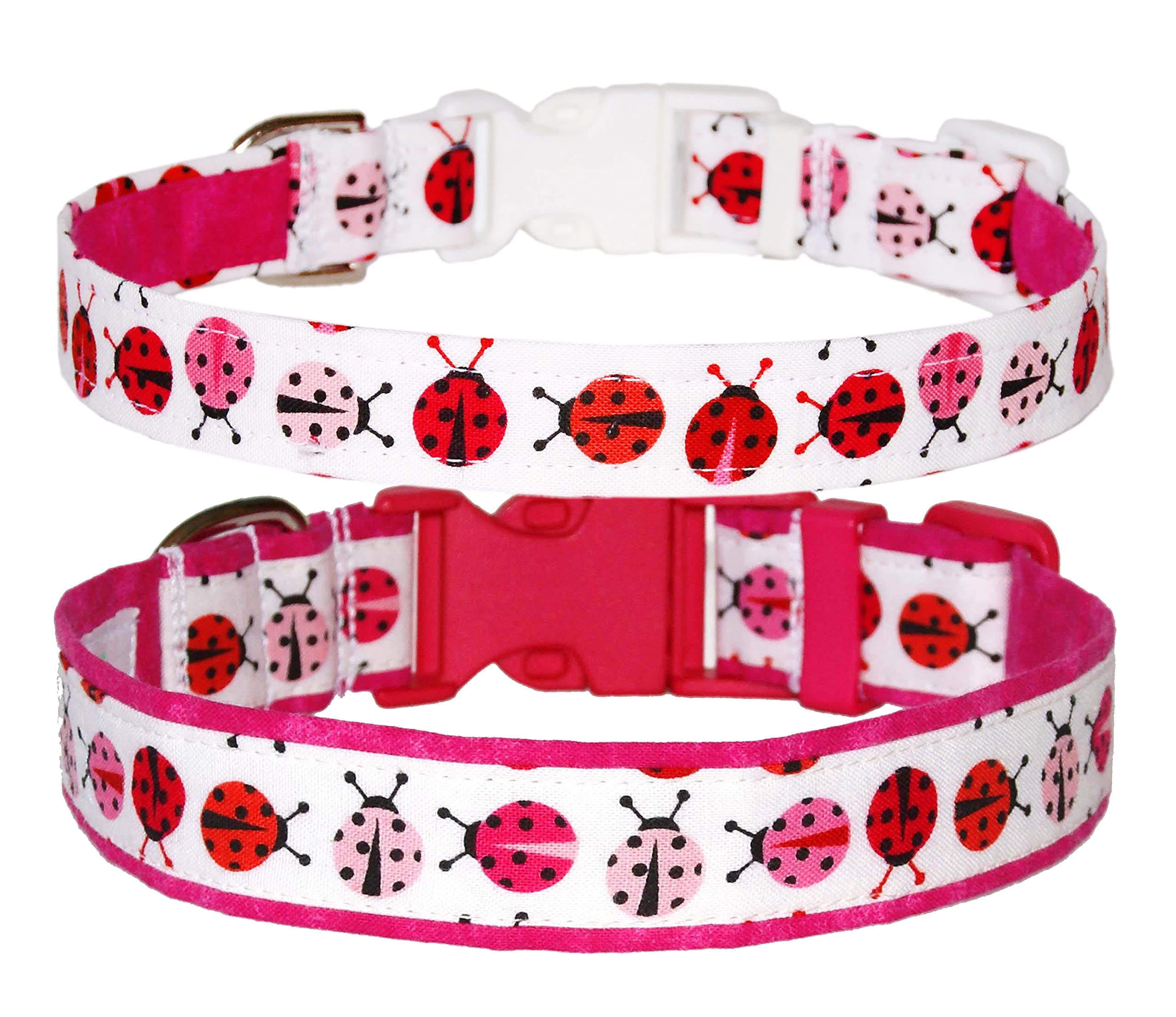 Ladybugs Dog Collar - Red And Pink Lady Bugs On White - 100% Cotton - 4 Sizes - 3/4 Inch Wide - Handmade By Green Acorn Kitchen