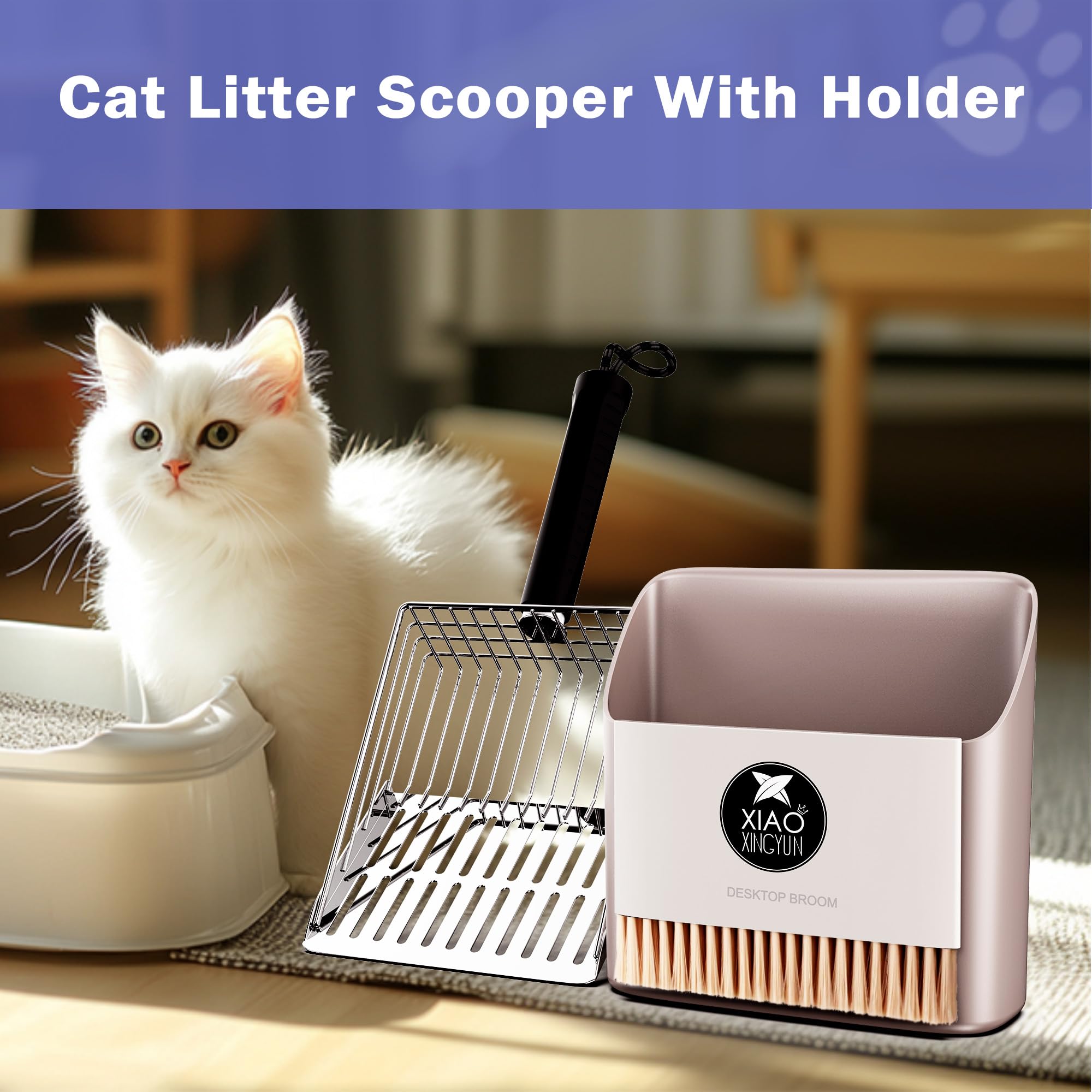 Cat Litter Scooper with Holder, Metal Litter Scoop Includes Portable Small Broom and Dustpan Set, Heavy Duty Stainless Steel Lit