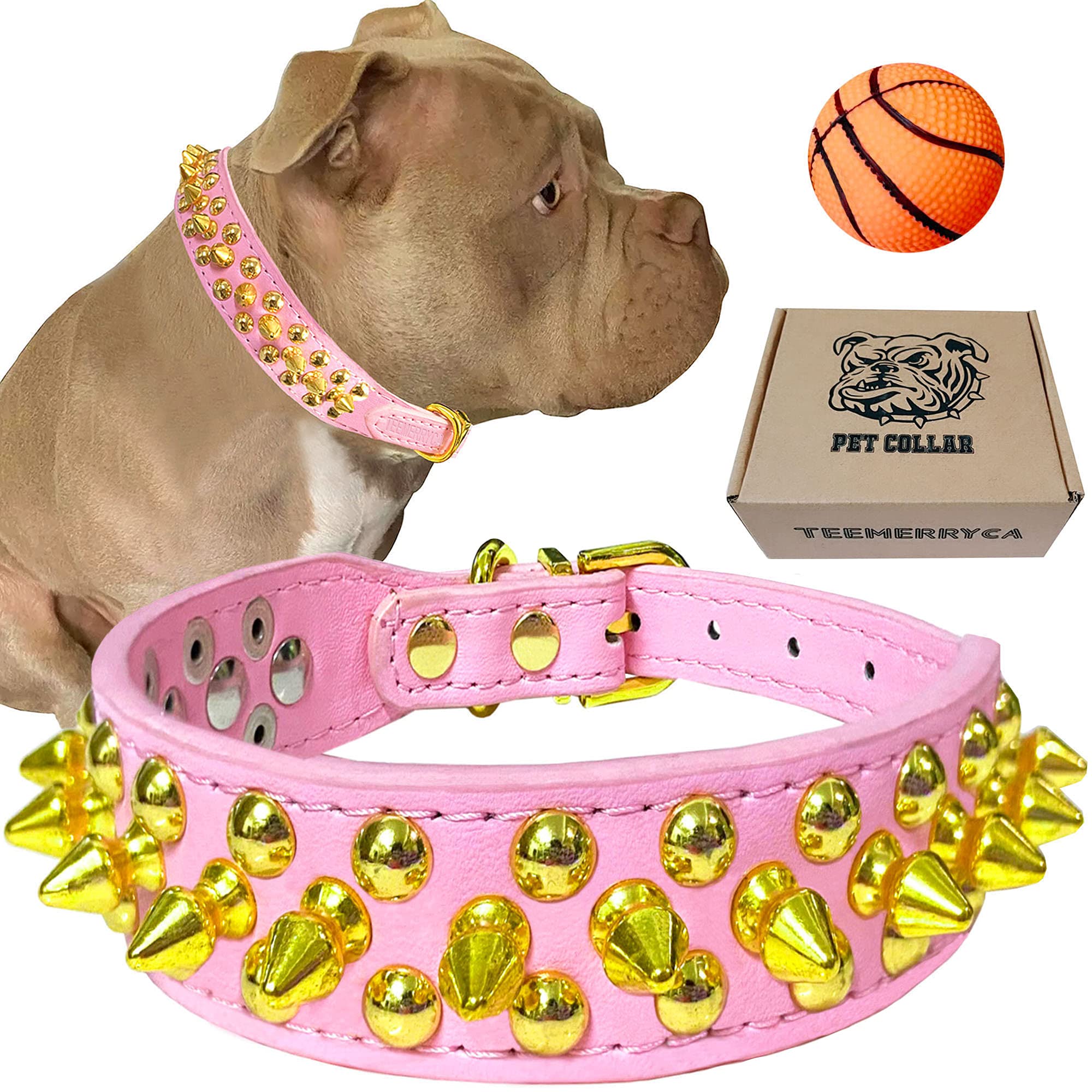 Teemerryca Pink Leather Gold Spiked Studded Dog Collar For Female Puppy Small Medium Large Pets, Pit Bulls Bulldog, Keep Dog Saf