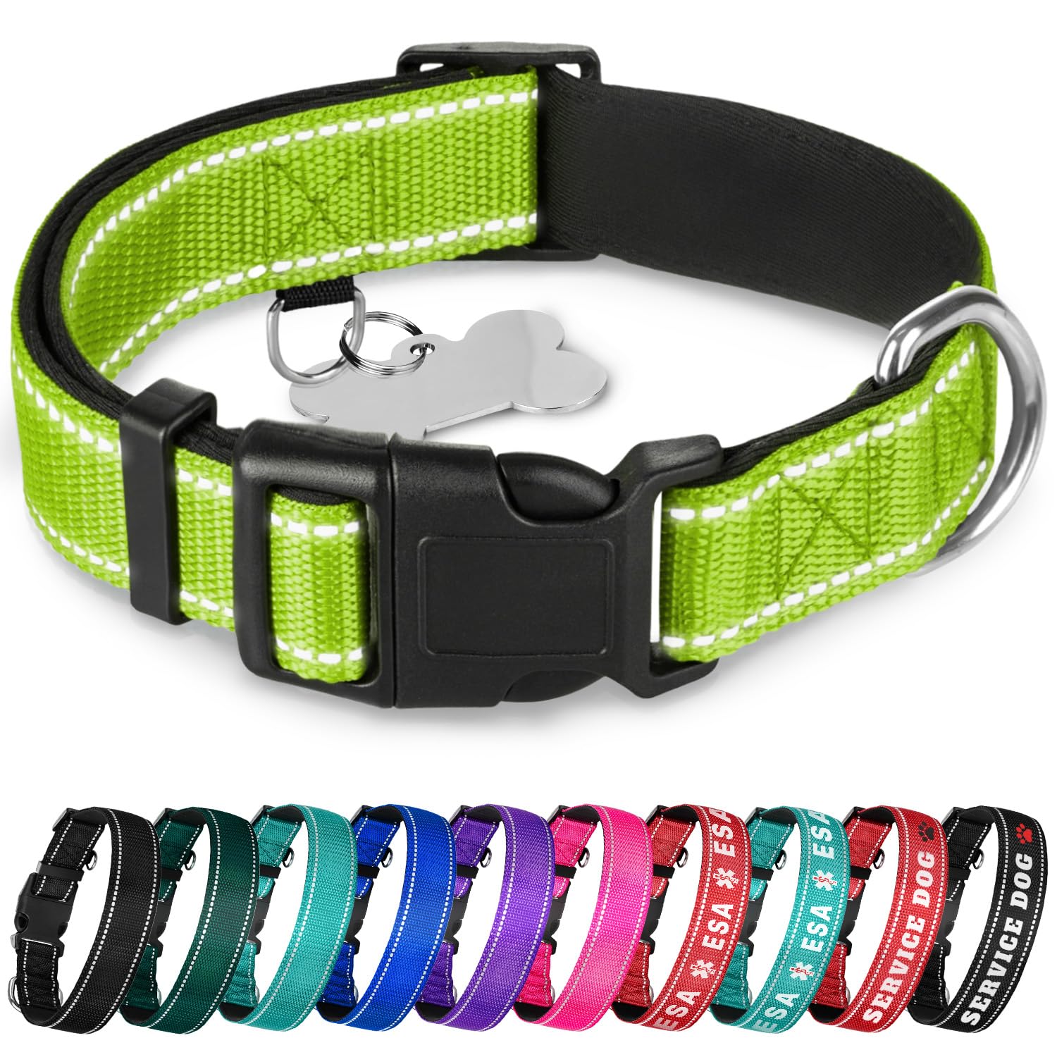 Teceum Reflective Pet Collar - Acid Green - M - Extra Soft Padding - Basic Nylon Dog Collar - Quick Release Buckle - Fits Small,