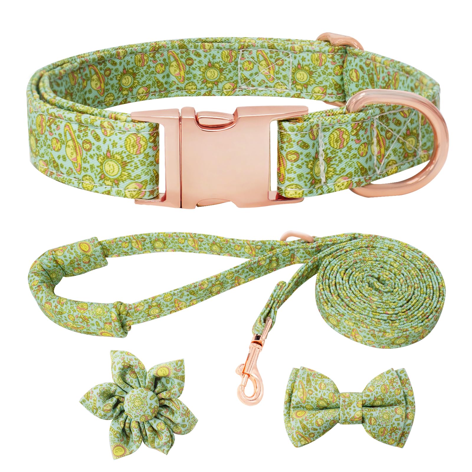 HSIGIO Dog Collar and Leash Set Girls Adjustable Puppy Collars with Planet Bow Tie for Small Medium Large Female Dogs, Green Pla