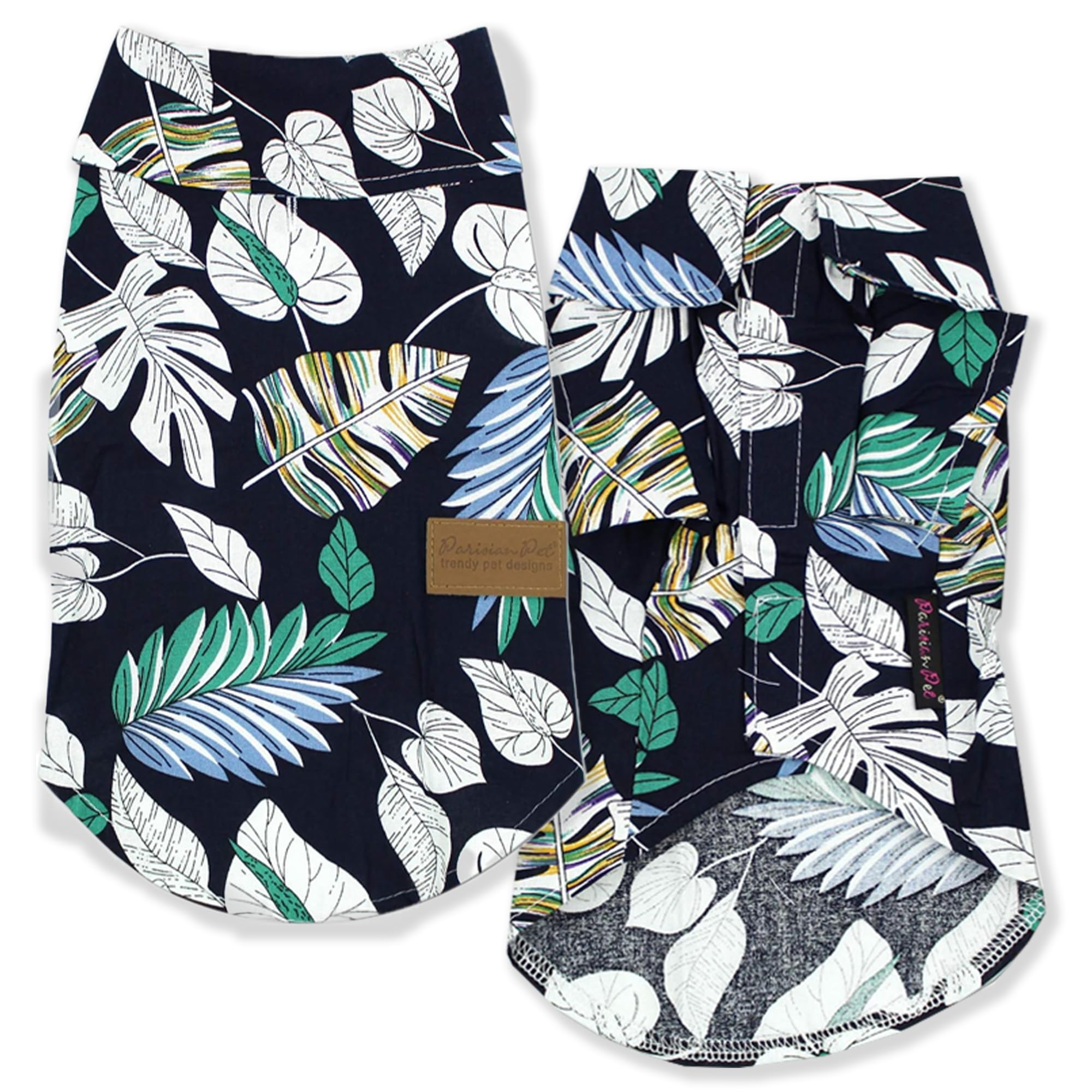 Parisian Pet Palm Leaves Dog Shirt - 100%Cotton Summer Clothes - Stylish Beach Outfit - Hook And Loop Closure - Machine Washable