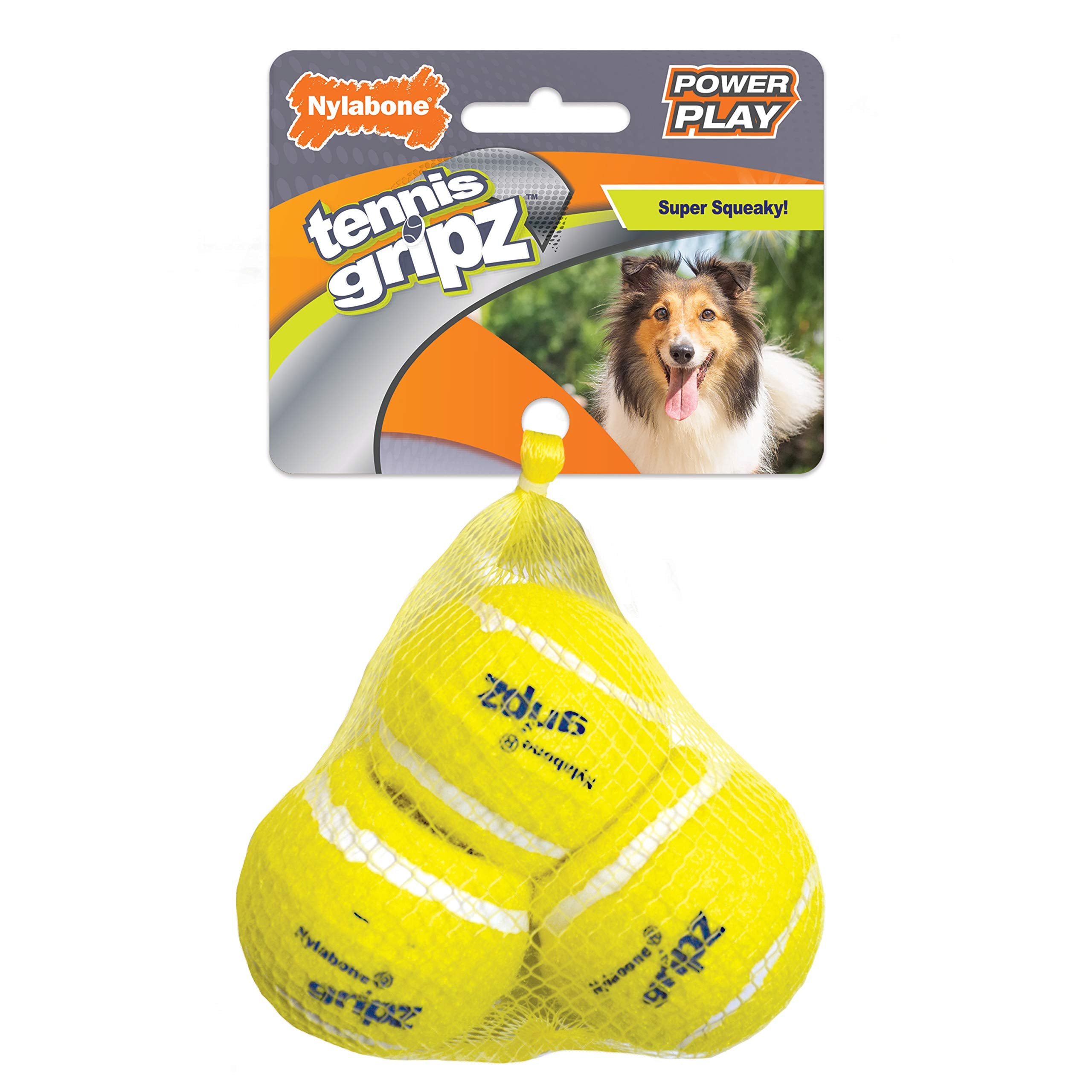 Nylabone Power Play Tennis Gripz Fetch Toy, Squeaky Tennis Ball Chew Toy For Dogs, Medium (3 Count)