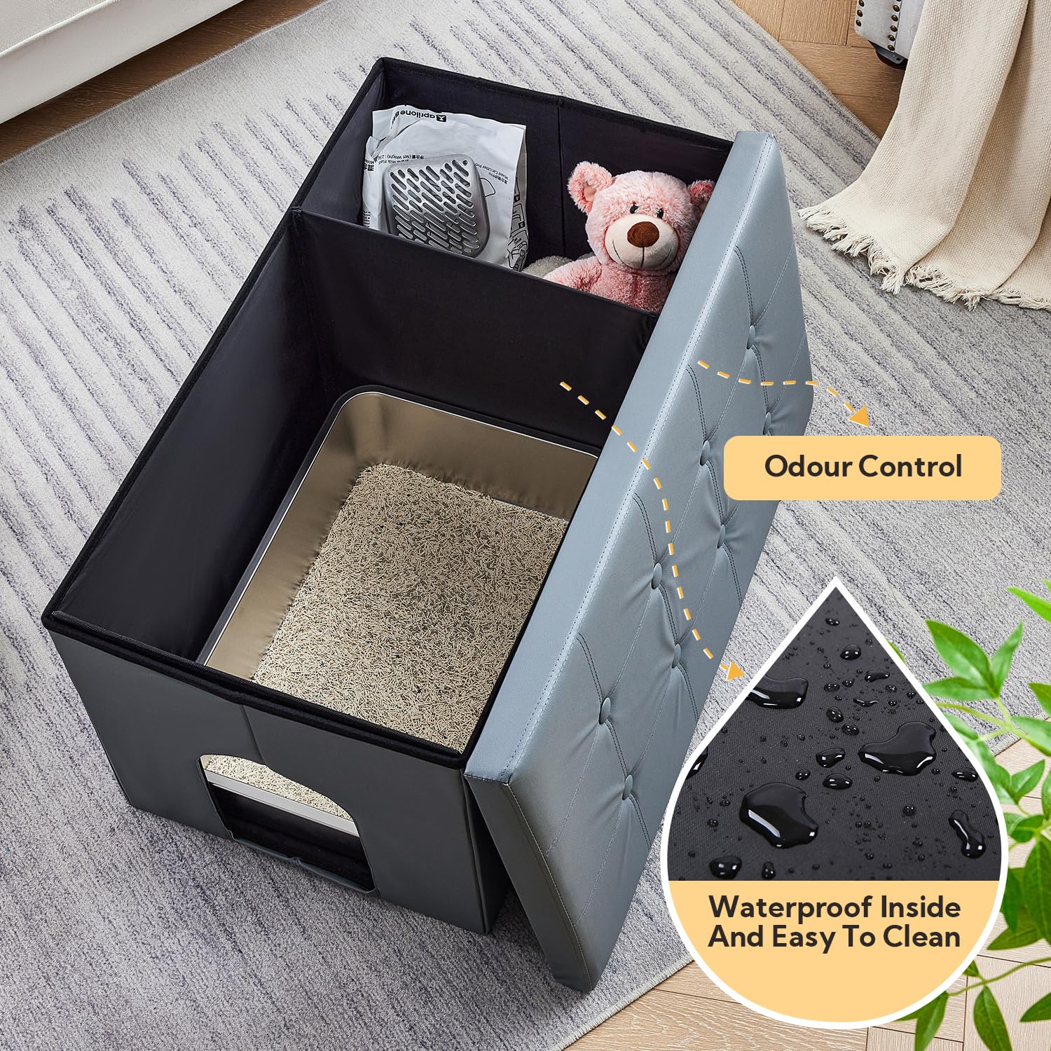 Meexpaws Cat Litter Box Enclosure Furniture Hidden, Cat Washroom Bench Storage Cabinet | Extra Large 36'' X 20'' X 20''| Dog Proof | Waterproof Inside/Easy Clean | Easy Assembly | Odor Control(Grey)