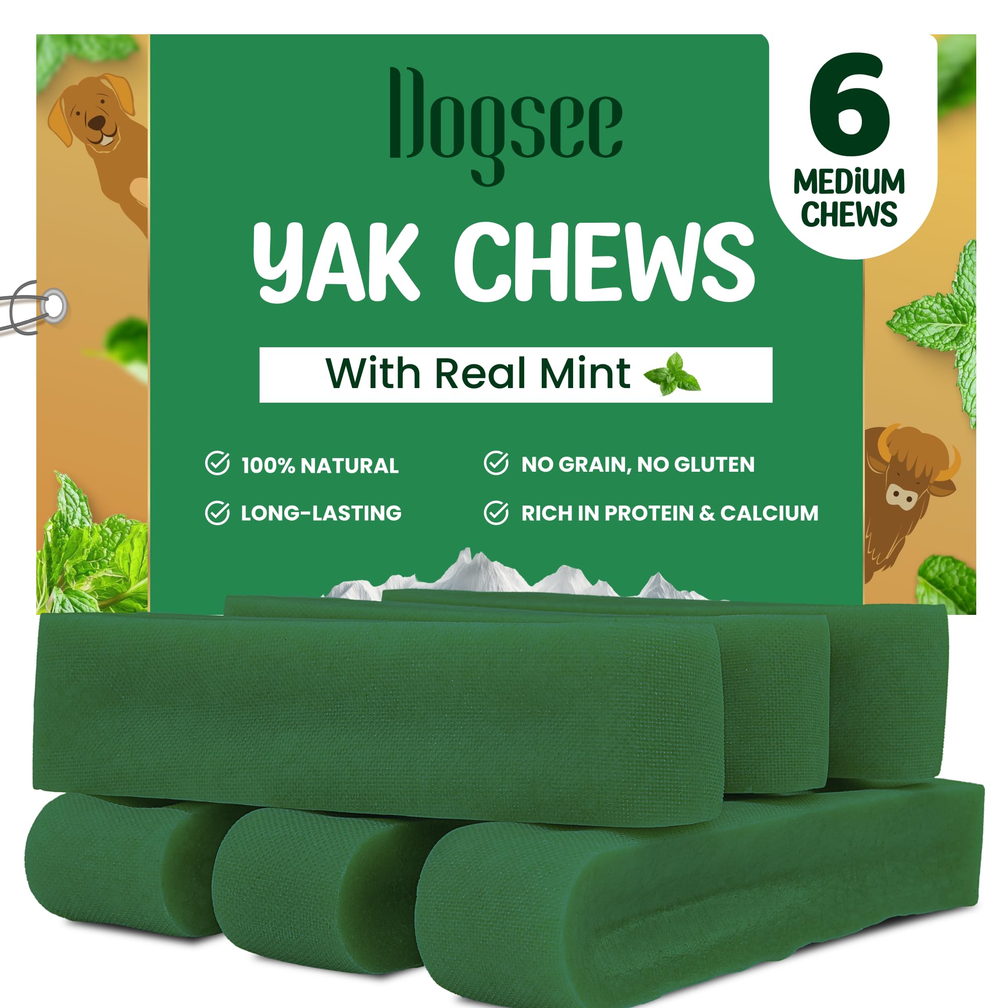 Dogsee Mint Flavor Himalayan Yak Cheese Dental Chews for Dogs 1lb (Medium - 6 Chews) | Aid Digestion | Made in Himalayan Regions