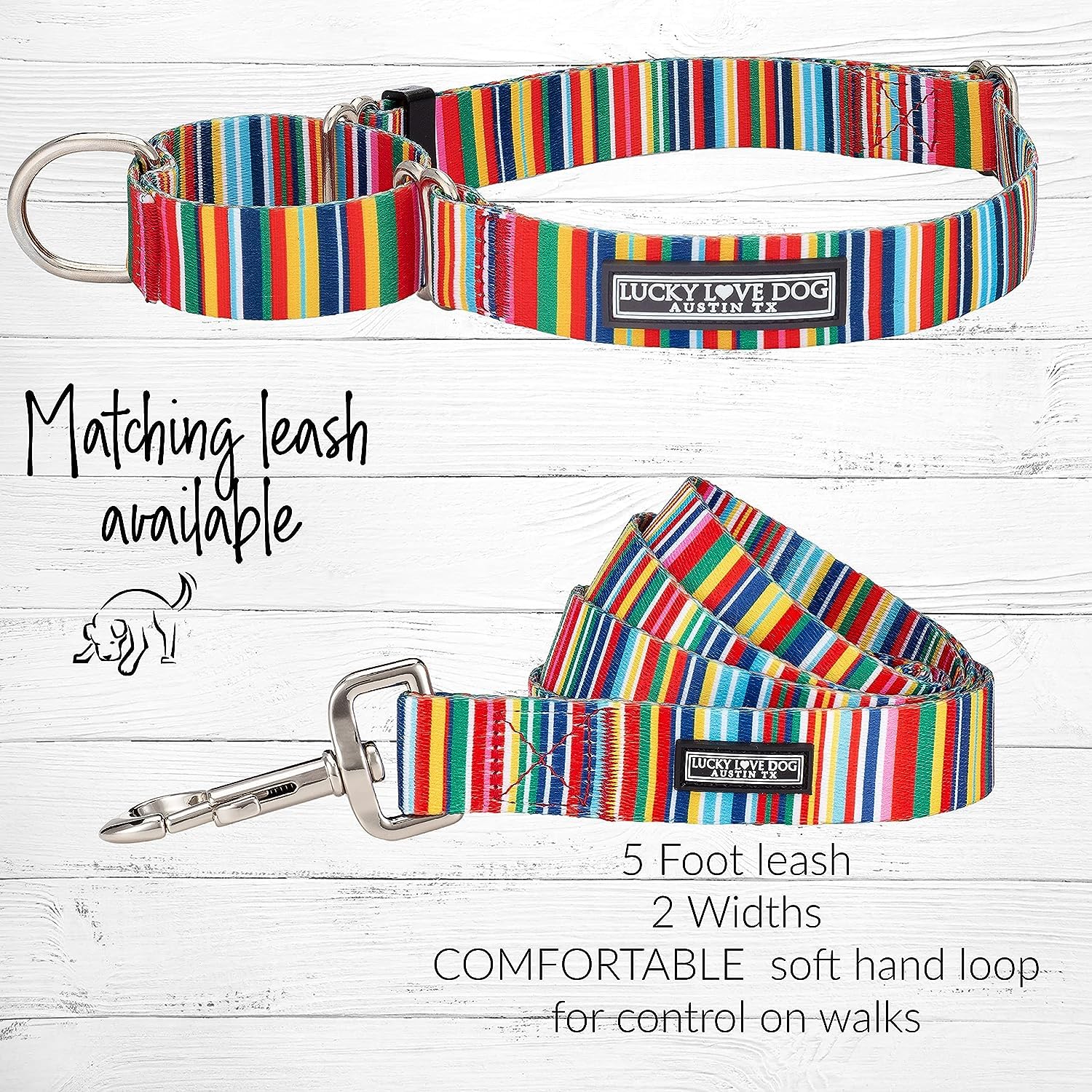 Lucky Love Dog Martingale Collar And Leash Set, Premium No Slip Collar And Leash Set, Colorful Hippie Martingale Color For Large